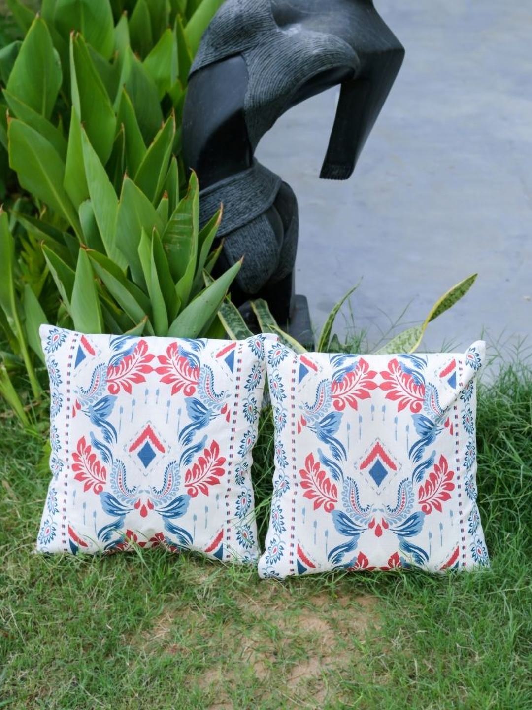 

ABSTRACT INDIA White & Blue 2Pieces Floral Cotton Square Cushion Covers