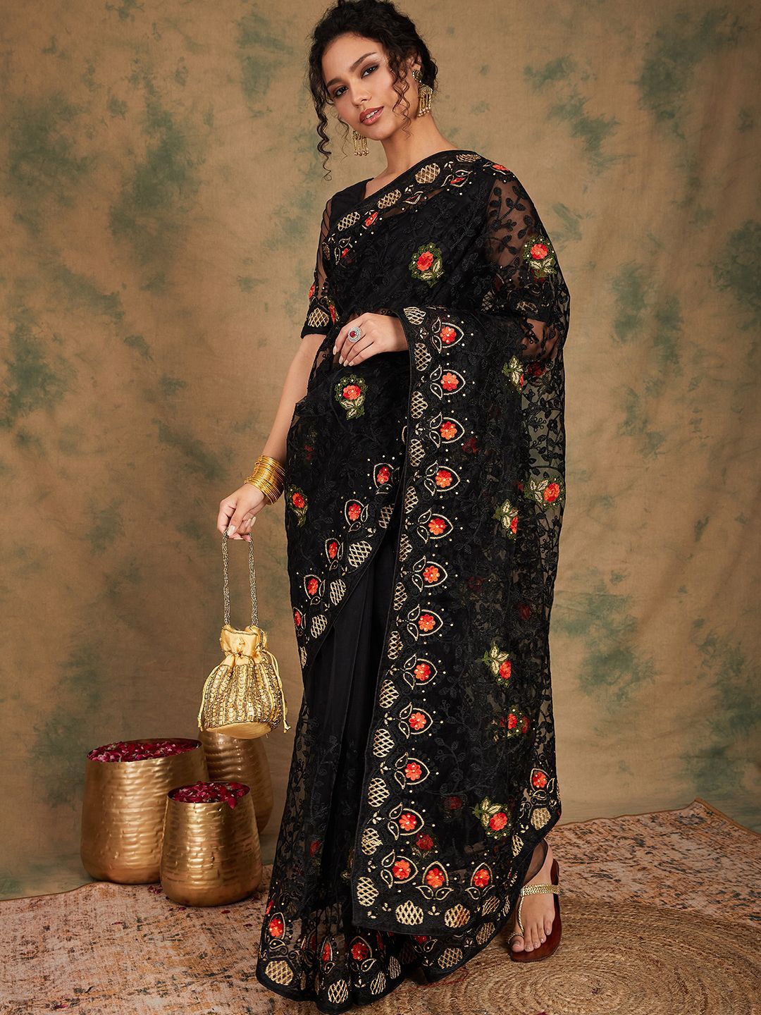 

SHADOW & SAINING Floral Beads and Stones Net Saree, Black