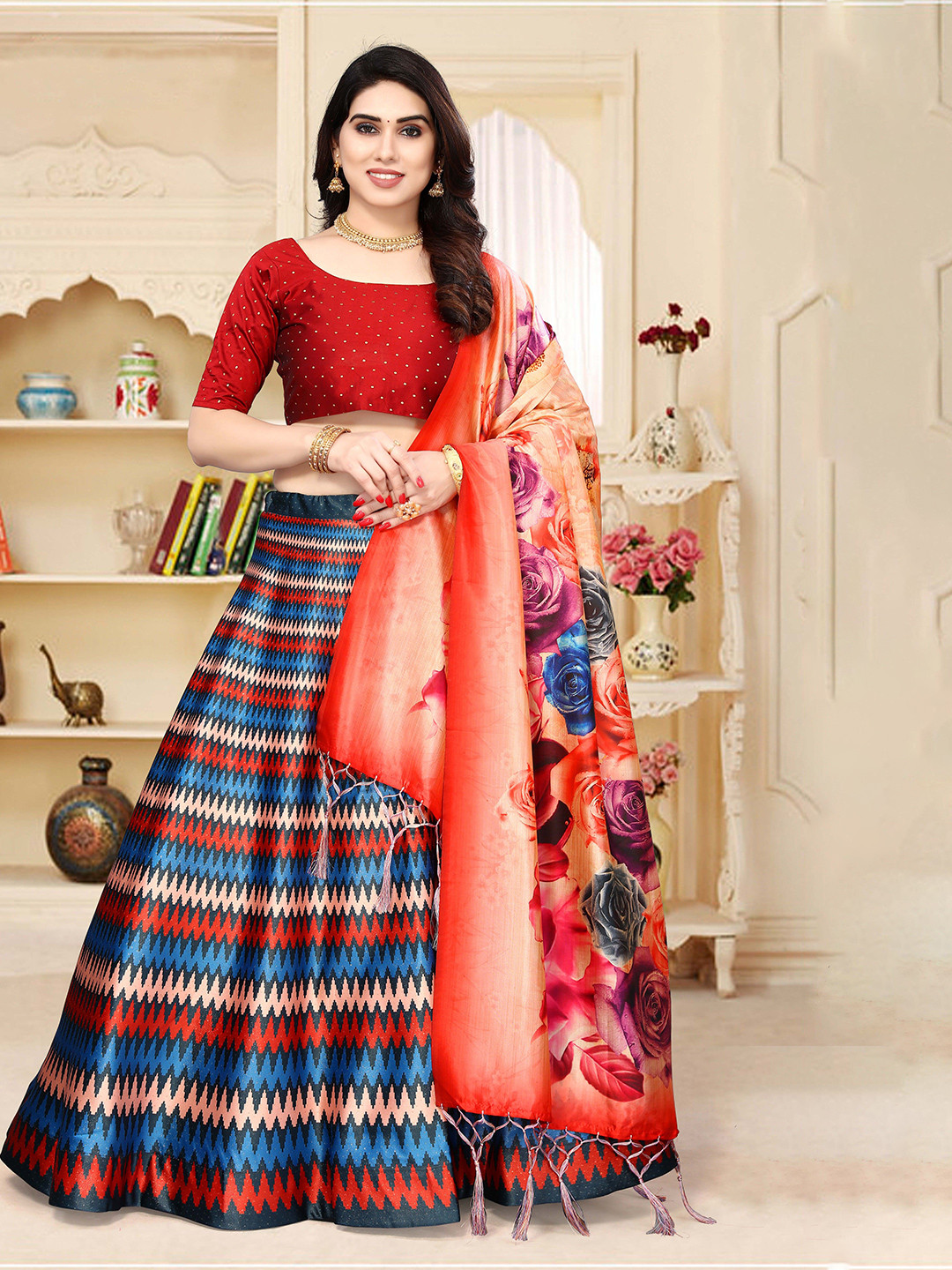 

Kaizen TEXO FAB Digital Printed Semi-Stitched Lehenga & Unstitched Blouse With Dupatta, Navy blue