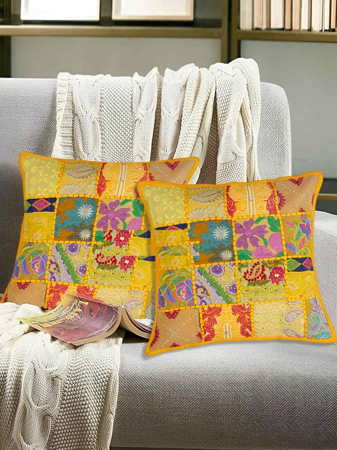 

E-Ezra Yellow & Blue 2 Pieces Embroidered Patch Work Square Cushion Covers