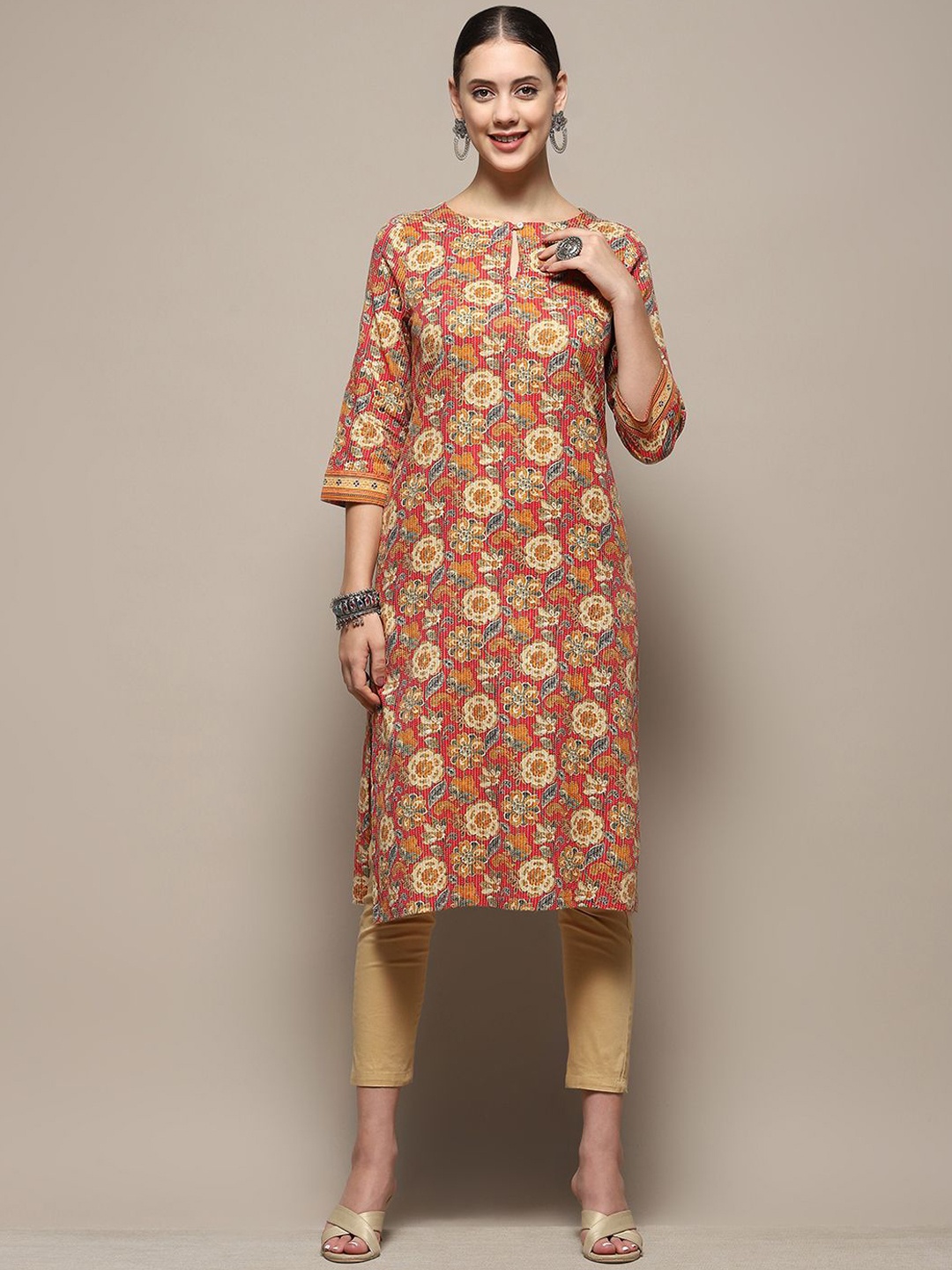 

Biba Floral Printed Keyhole Neck Cotton Straight Kurta, Pink