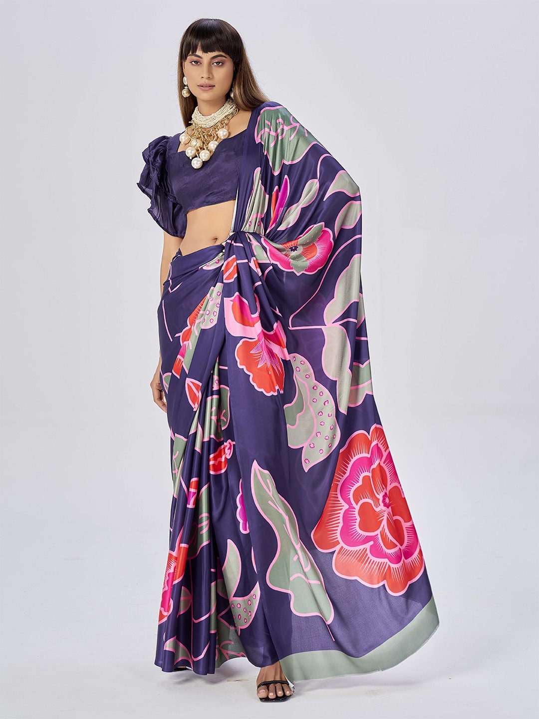 

Ethnielle Printed Floral Satin Saree, Purple