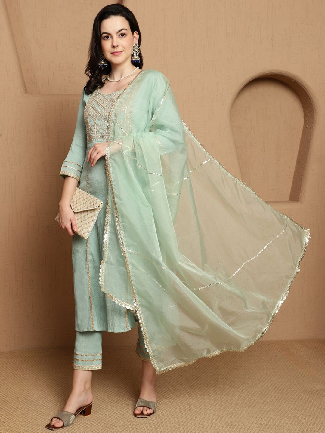 

Sangria Floral Embroidered Straight Kurta & Trousers With Dupatta, Sea green