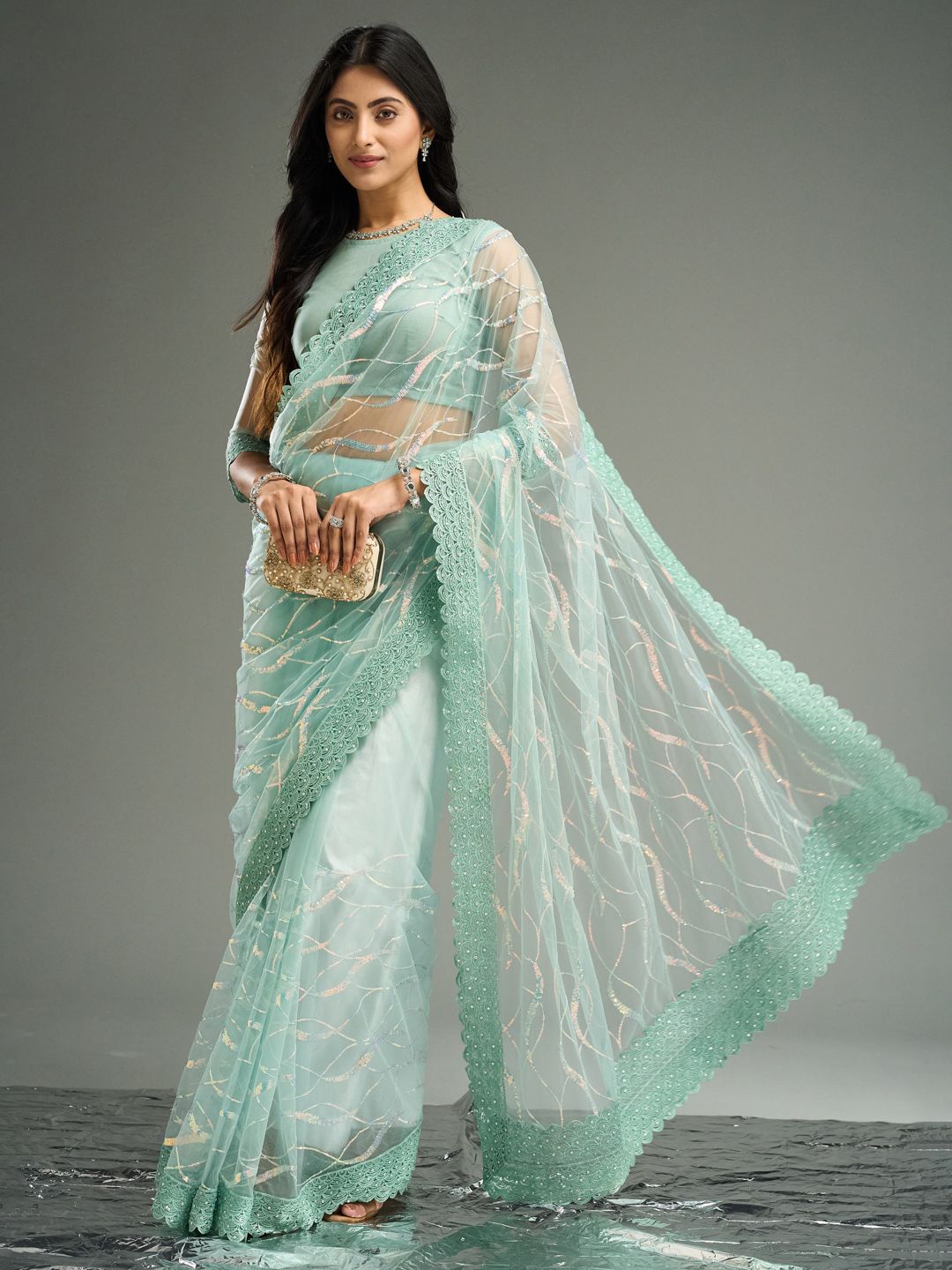 

kasee Embroidered Net Saree, Sea green