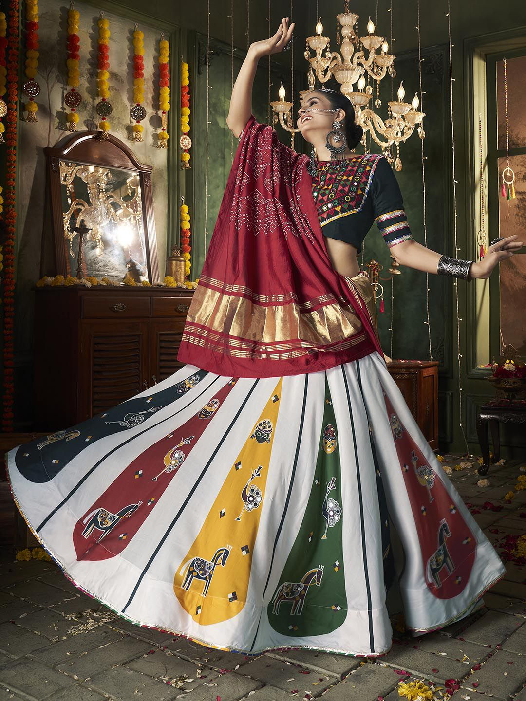 

SHUBHKALA Embroidered Mirror Work Ready to Wear Lehenga & Blouse With Dupatta, White