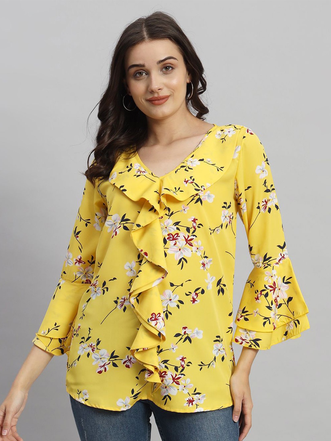 

Curvydrobe Women Floral Printed V-Neck Top, Yellow