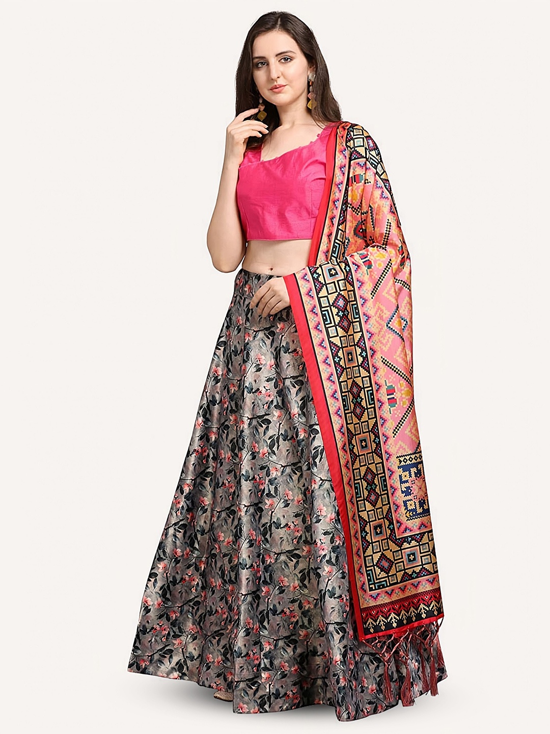 

Kaizen TEXO FAB Floral Printed Semi-Stitched Lehenga & Unstitched Blouse With Dupatta, Grey