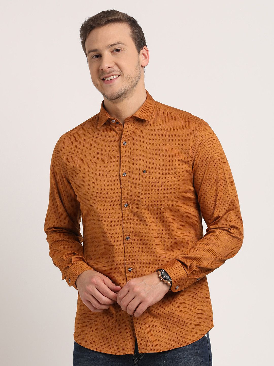 

Turtle Men Relaxed Spread Collar Micro Ditsy Printed Cotton Slim Fit Casual Shirt, Brown