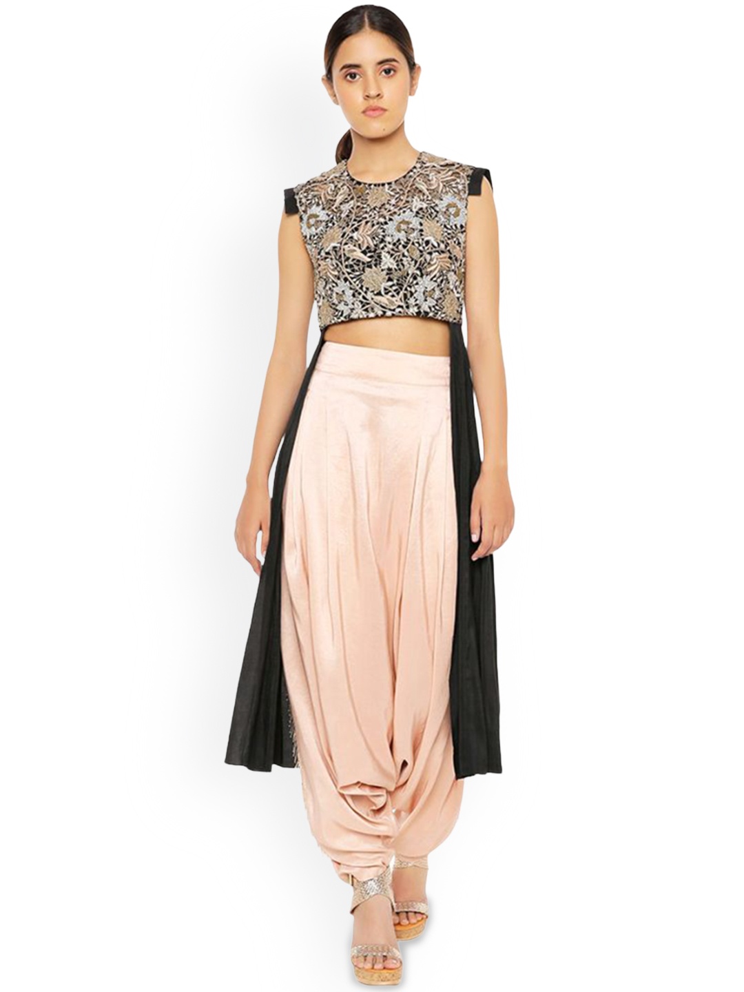 

Payal Singhal Floral Embroidered Beads & Stones A Line Kurta with Dhoti Pants, Black