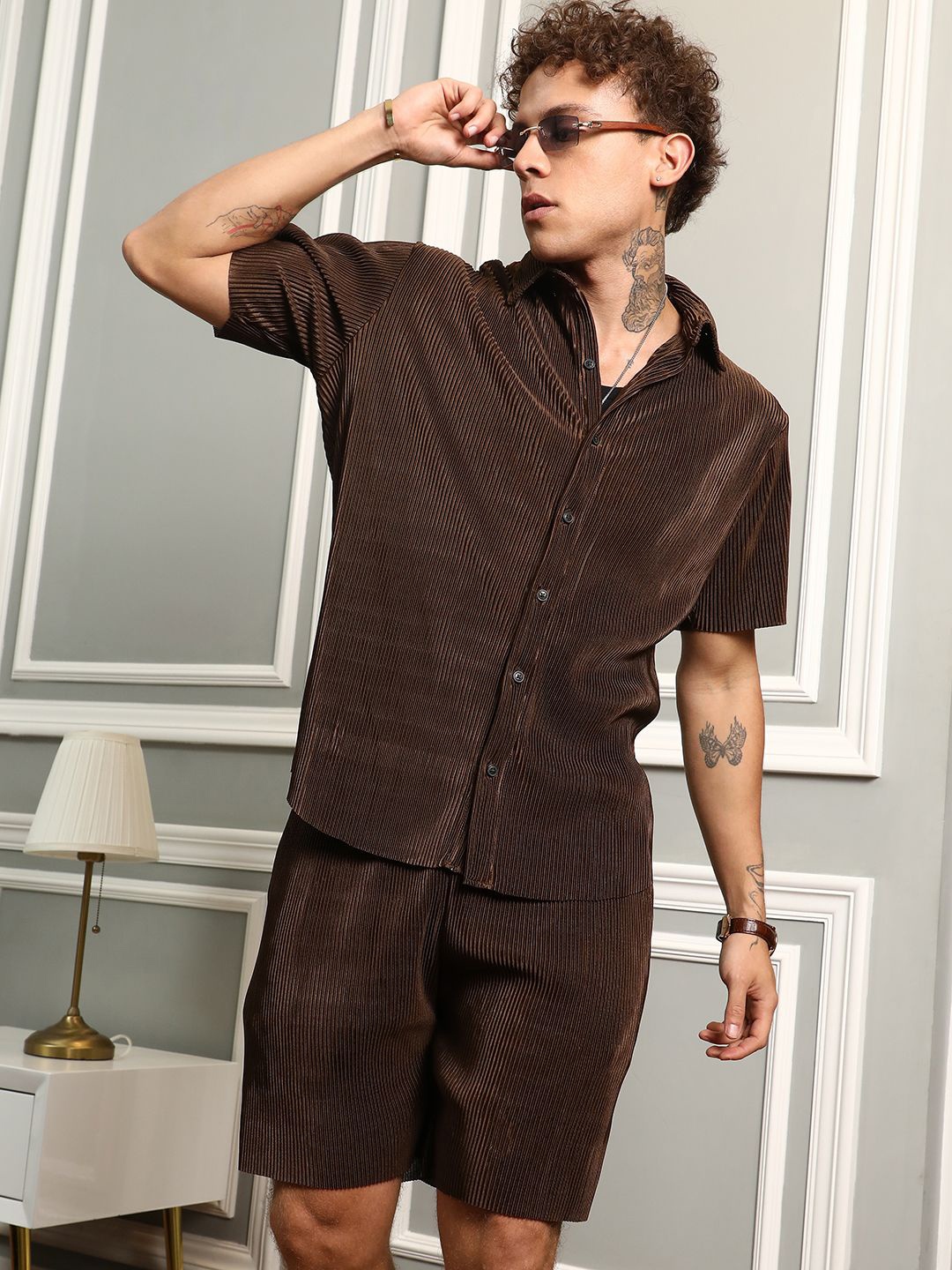 

Campus Sutra Textured Short Sleeves Shirt & Shorts, Brown