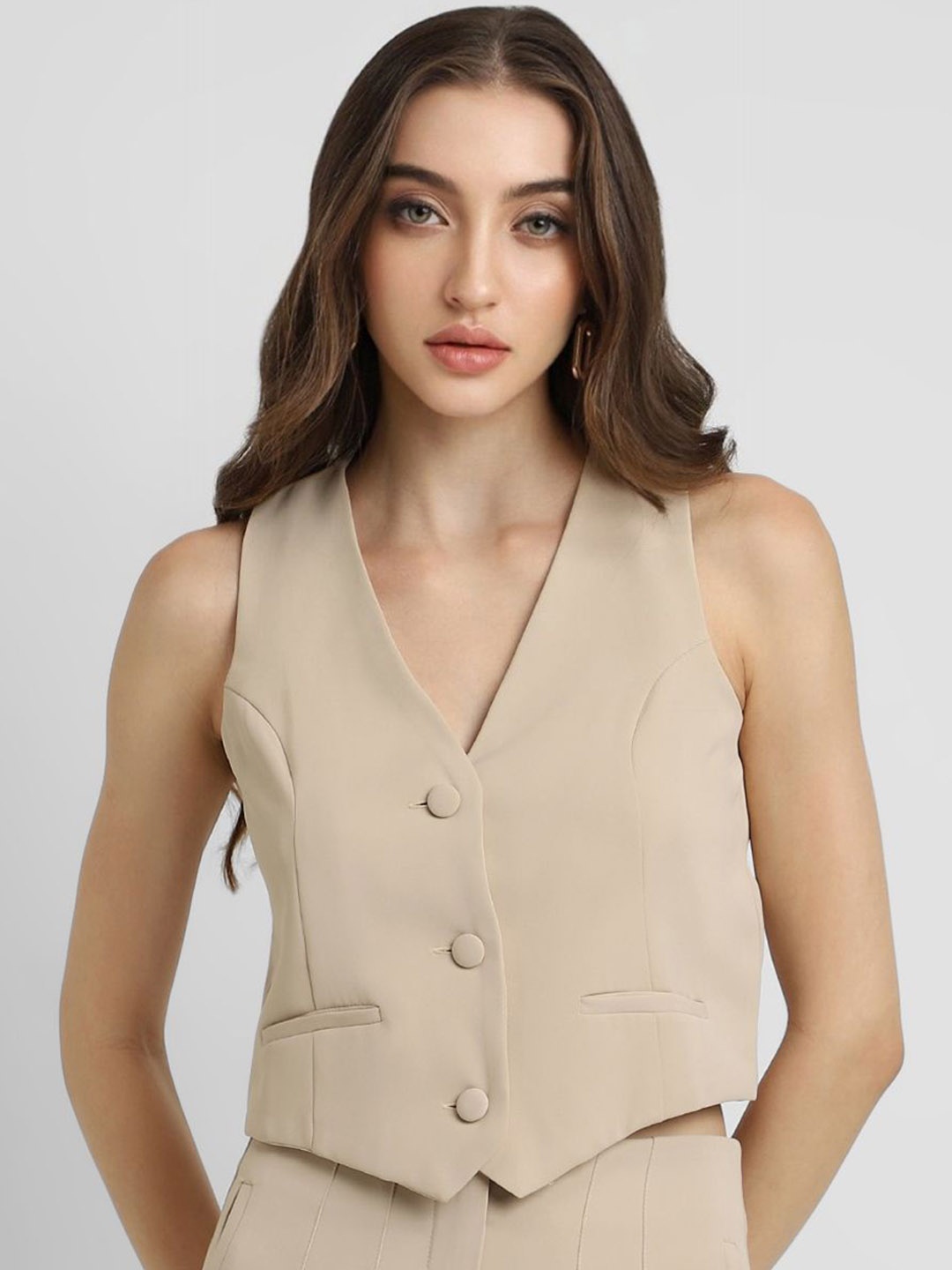 

FOREVER 21 V-Neck Sleeveless Waistcoat, Beige