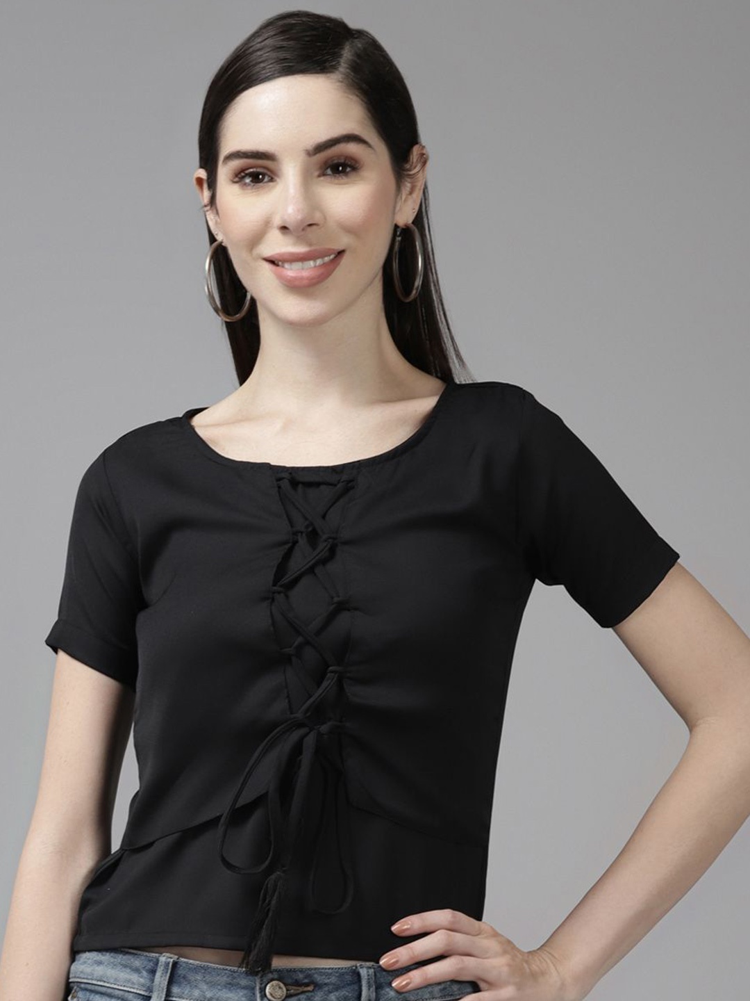 

BAESD Women Solid Round Neck Top, Black