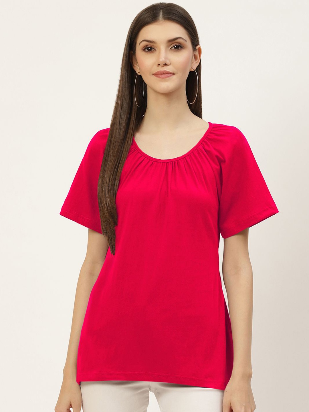 

BRINNS Women Solid Round Neck Cotton Top, Fuchsia