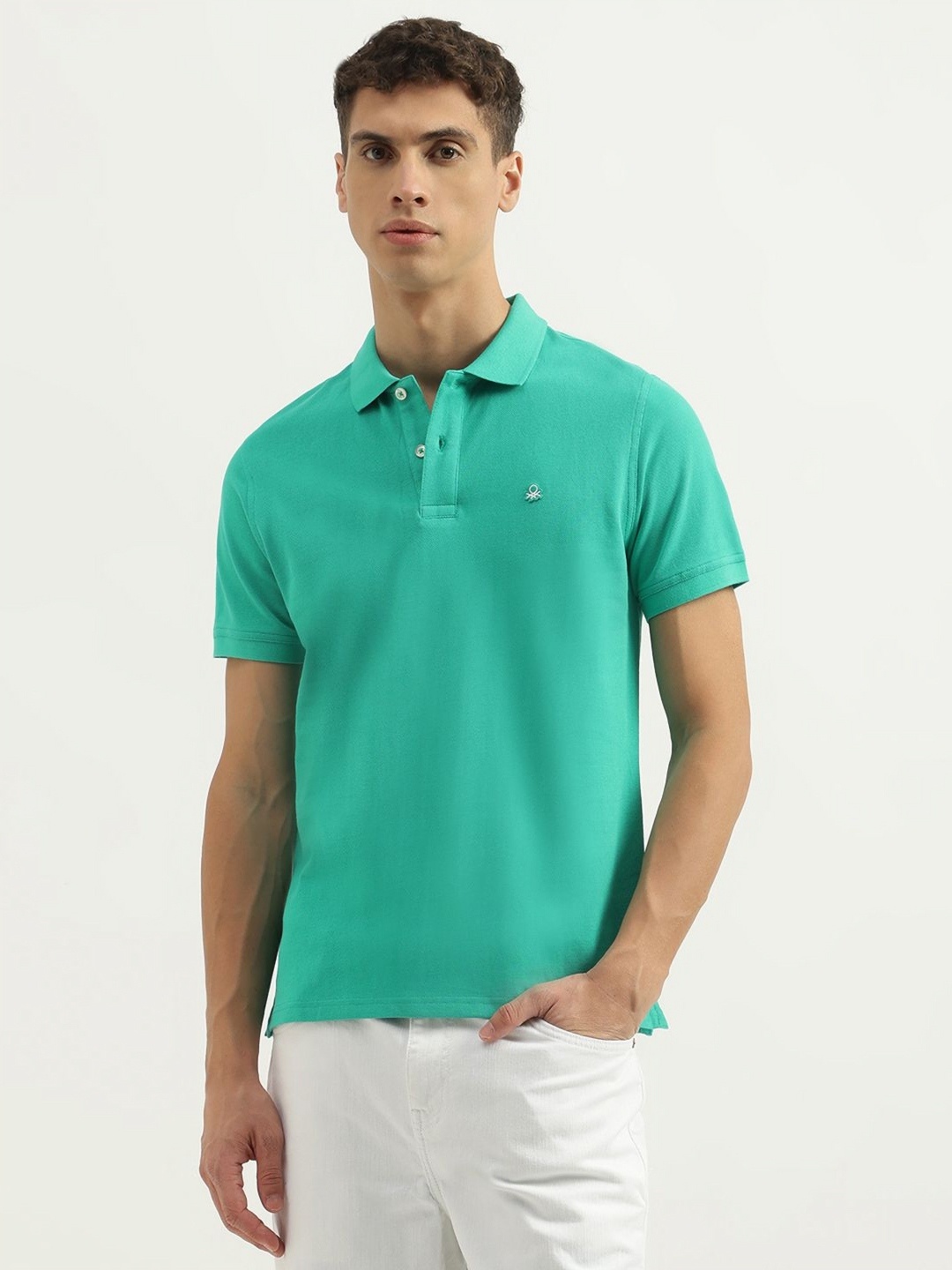 

United Colors of Benetton Men Solid Polo Collar Pure Cotton T-Shirt, Green