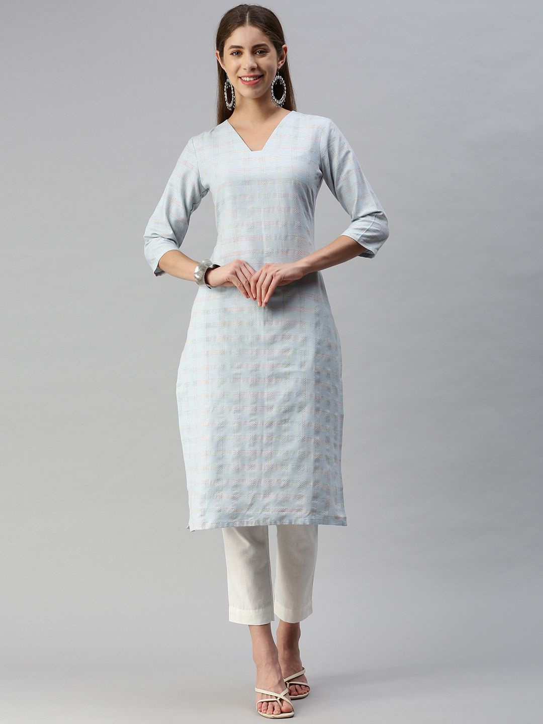 

KALINI Checked Printed Straight Kurta, Blue