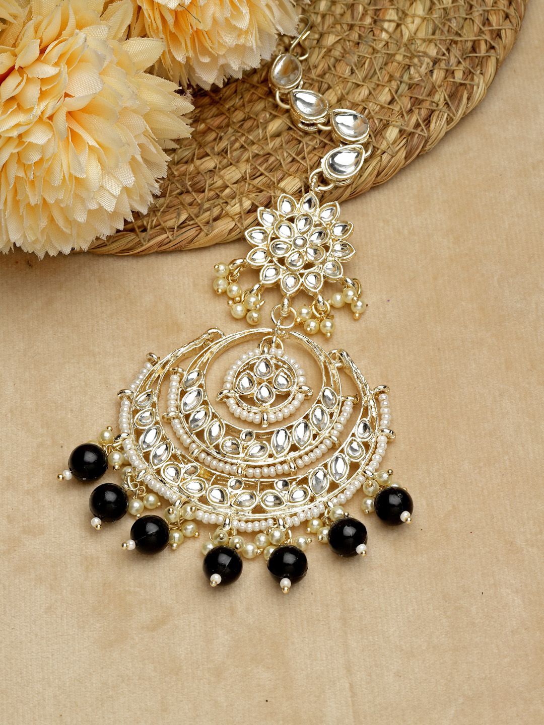 

ZENEME 18KT Gold-Plated Kundan Studded & Pearls Maang Tikka