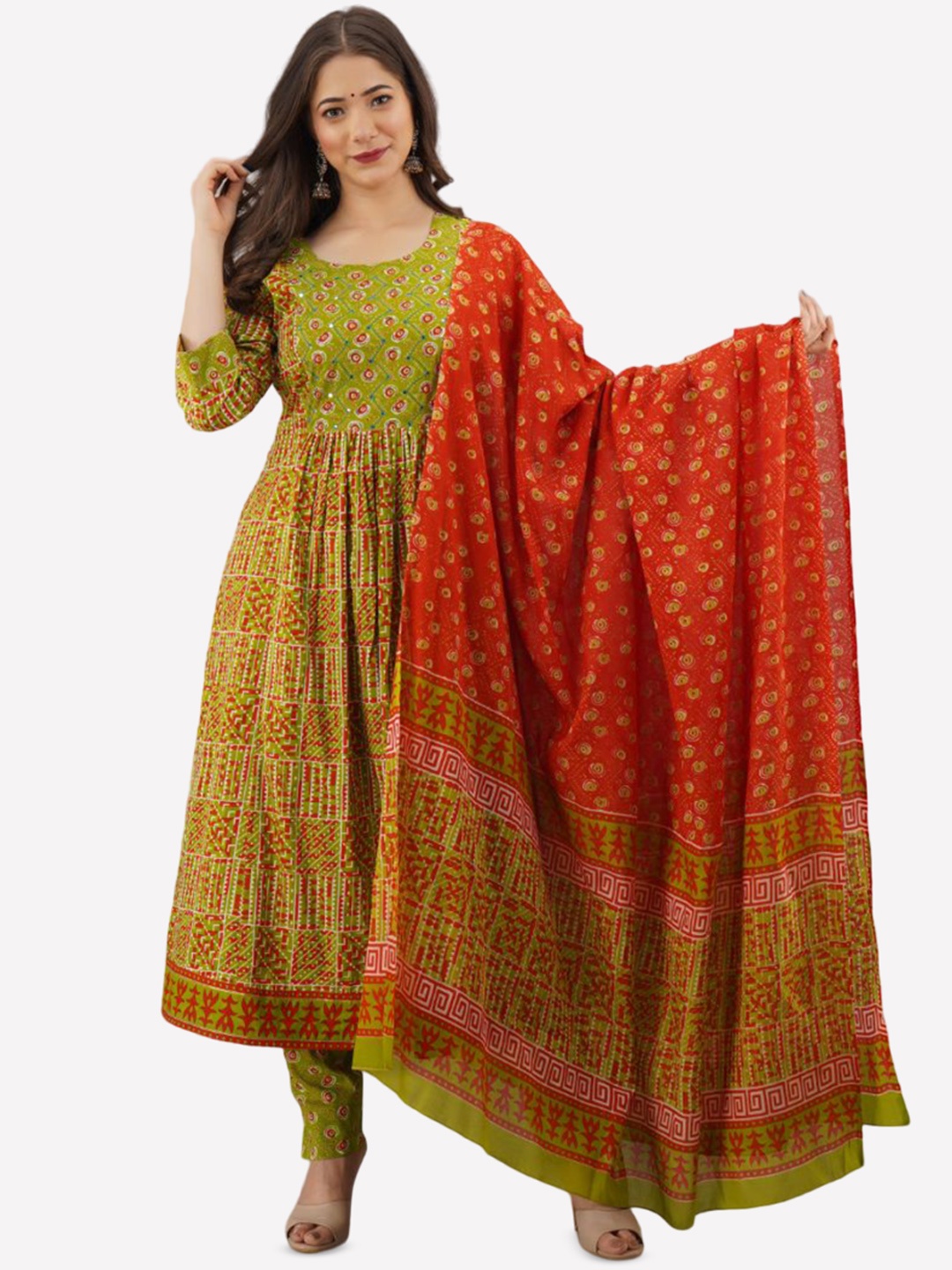 

KALINI Geometric Printed Pure Cotton Anarkali Kurta with Trousers & Dupatta, Green
