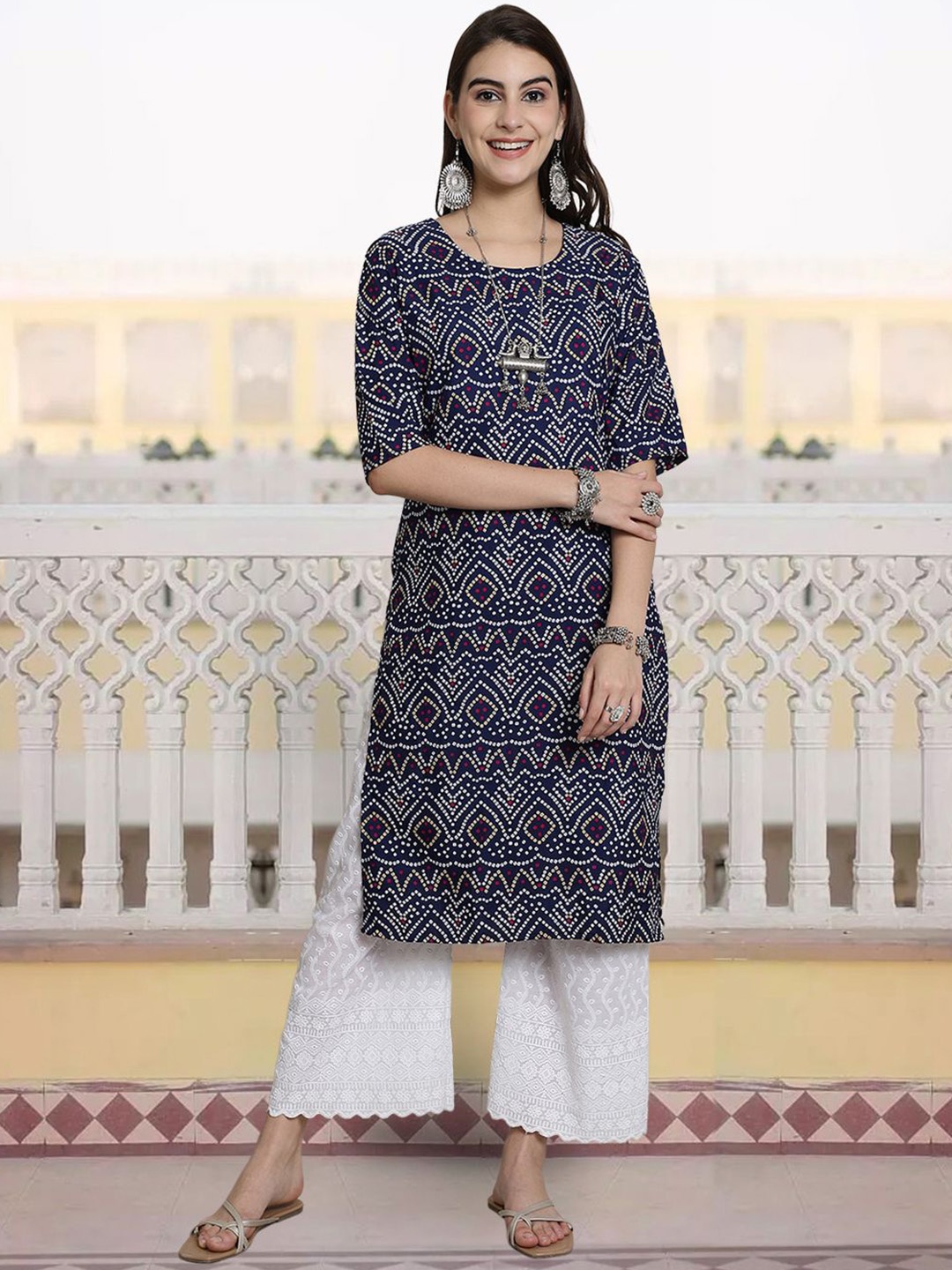 

7Threads Bandhani Printed Round Neck Straight Kurta, Navy blue