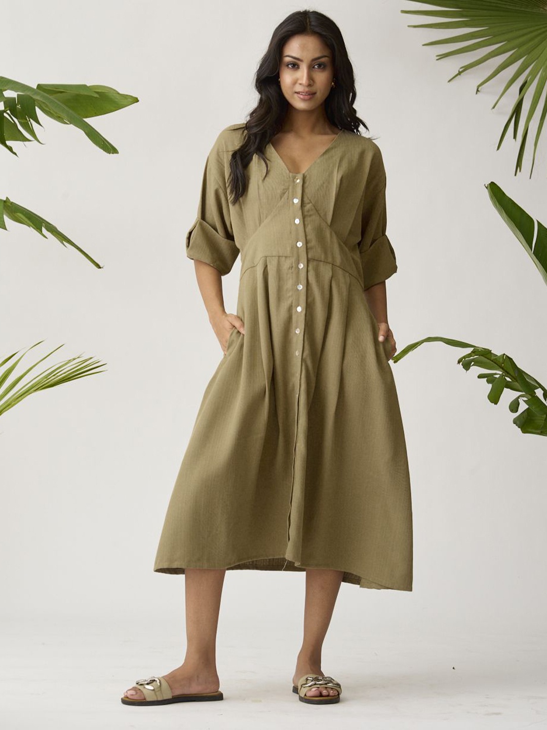 

Risate Roll-Up Sleeves A-Line Midi Dress, Khaki