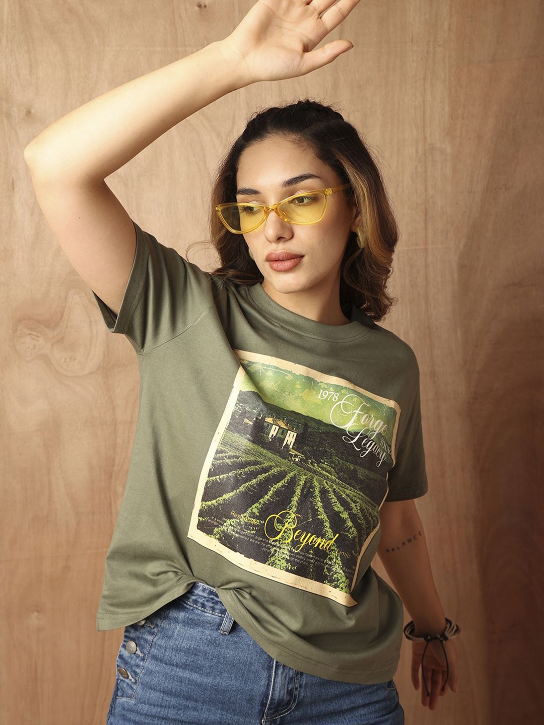

The Roadster Lifestyle Co. Women Graphic Printed Round Neck Cotton Boxy Fit T-Shirt, Olive