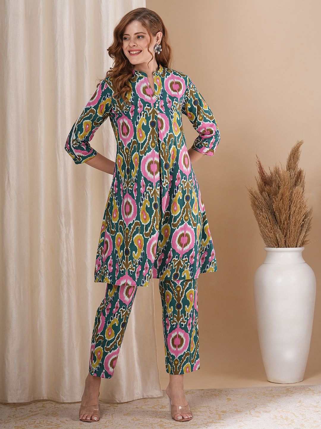 

FASHOR Printed Mandarin Collar Tunic With Trousers, Green