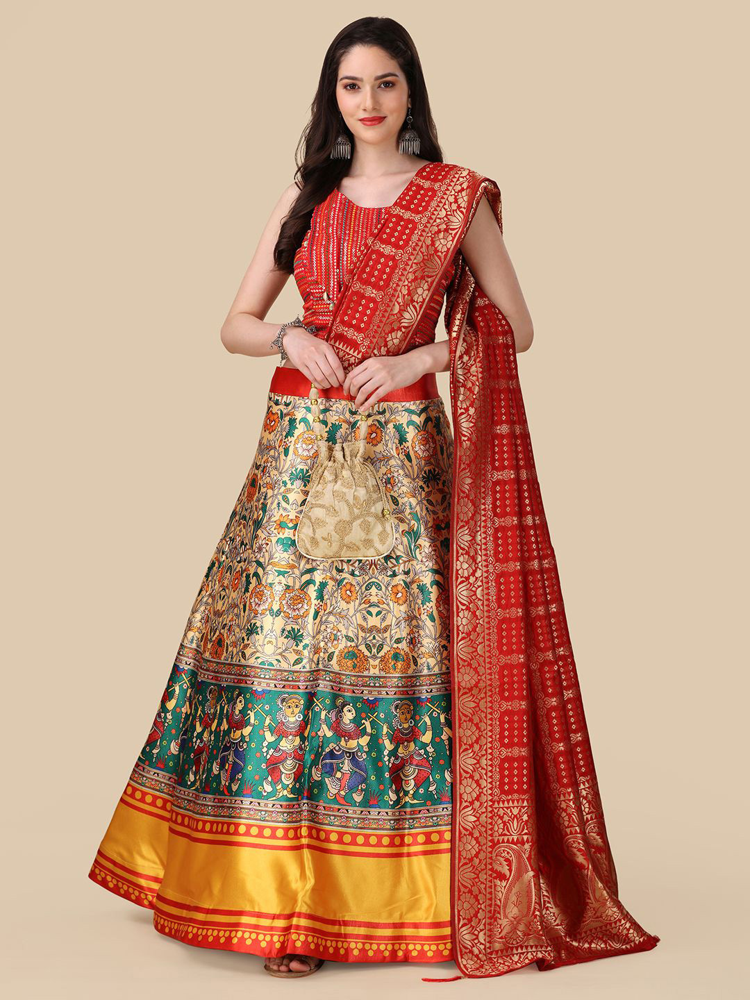 

Kaizen TEXO FAB Printed Satin Semi-Stitched Lehenga & Unstitched Blouse With Dupatta, Red
