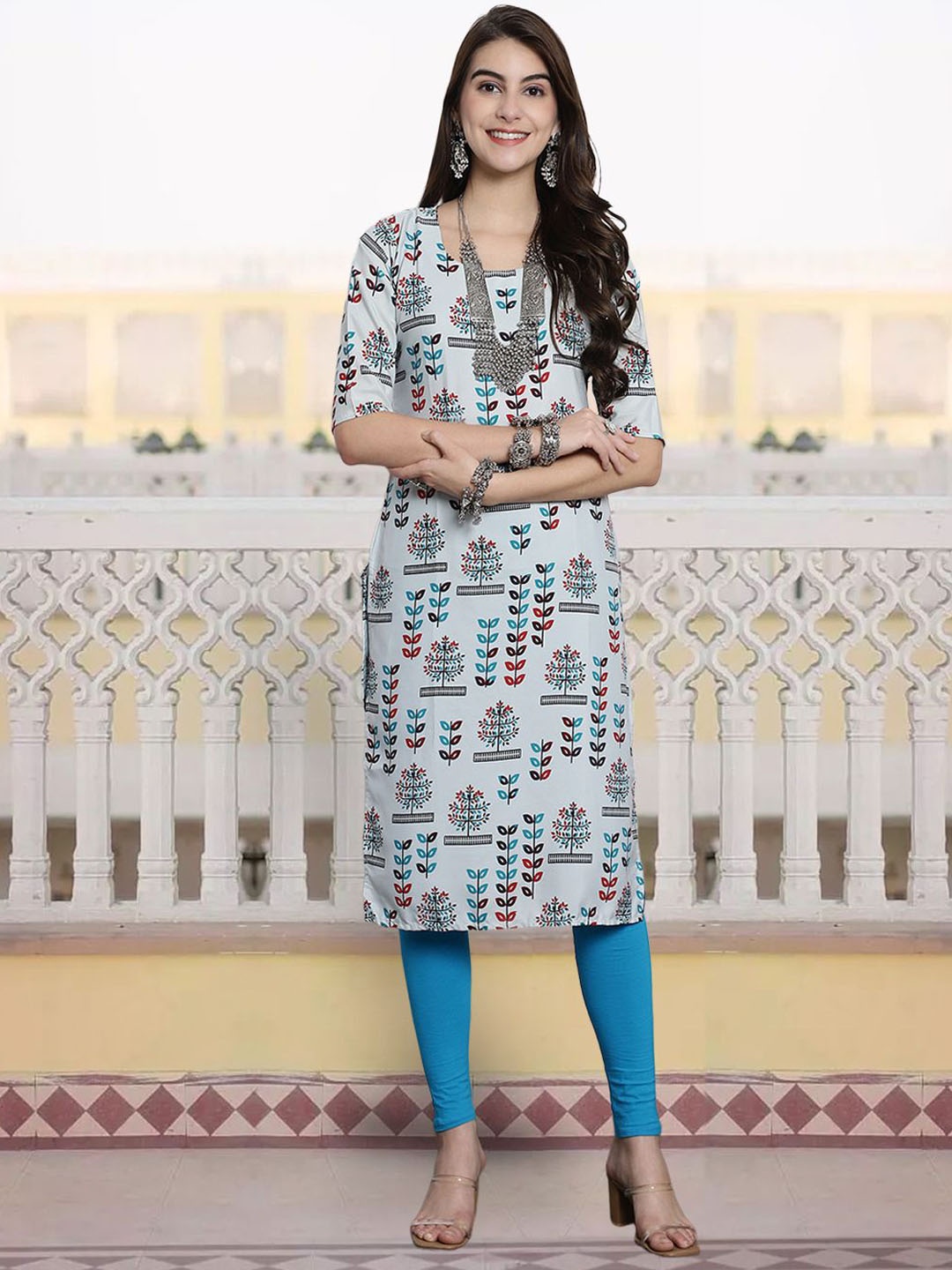 

KALINI Ethnic Motifs Printed Round Neck Crepe Straight Kurta, Blue