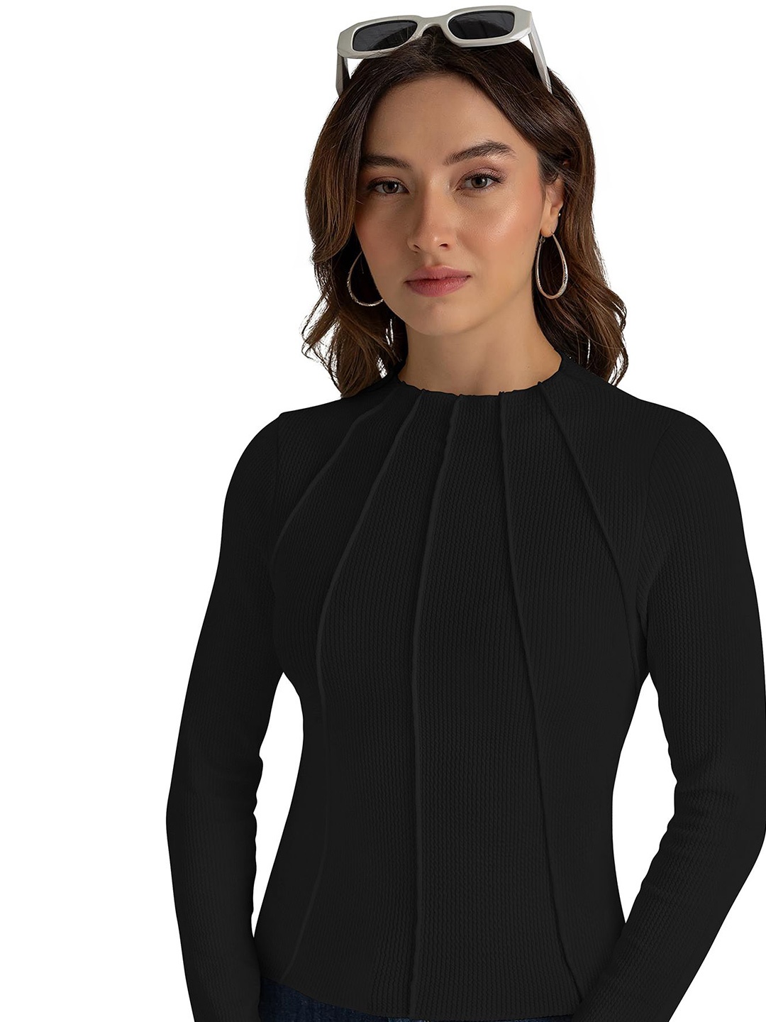 

Sanwariya Silk Women Solid Knits Round Neck Cotton Top, Black