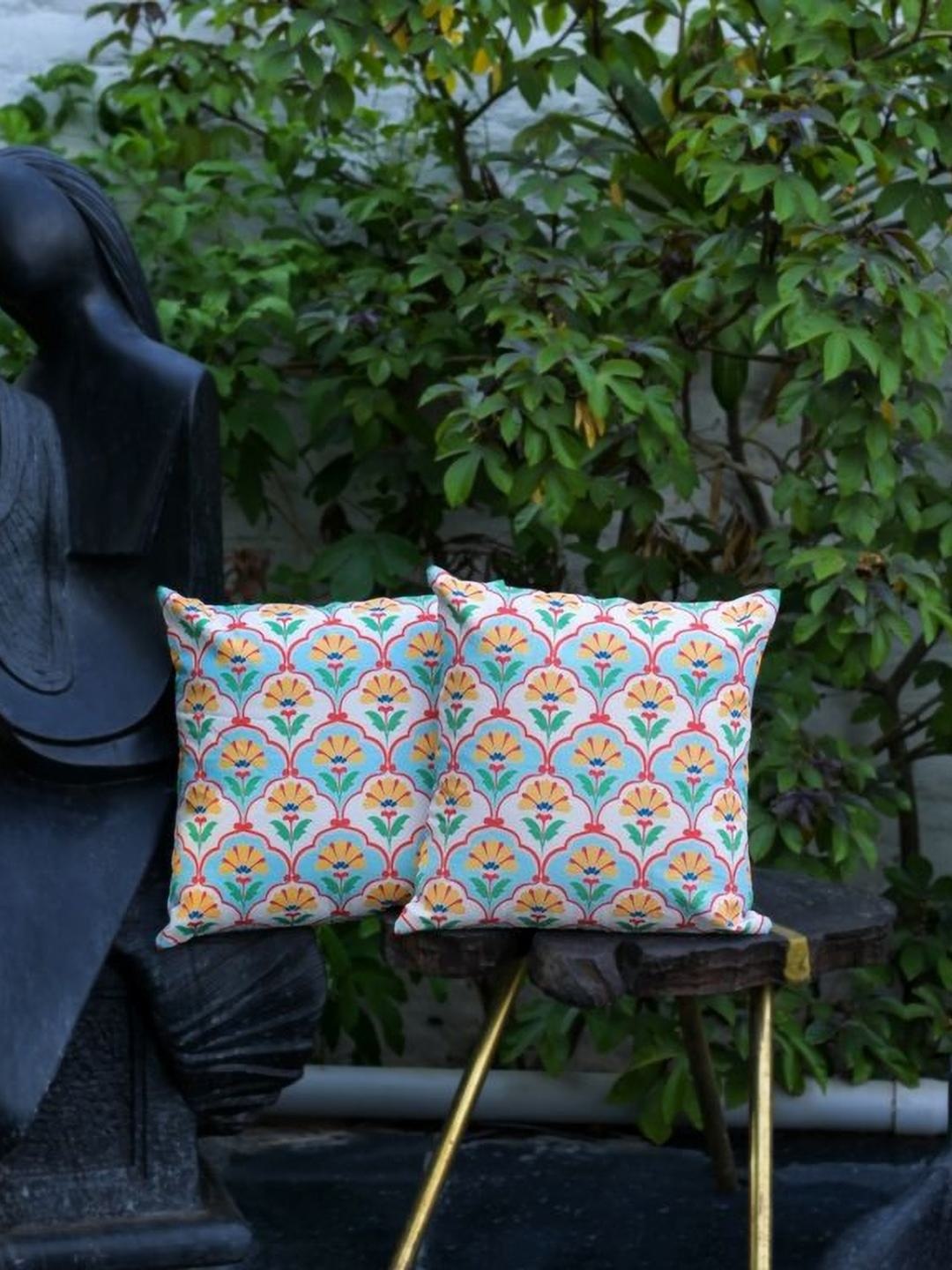

ABSTRACT INDIA White & Yellow Floral Cotton Square Cushion Cover