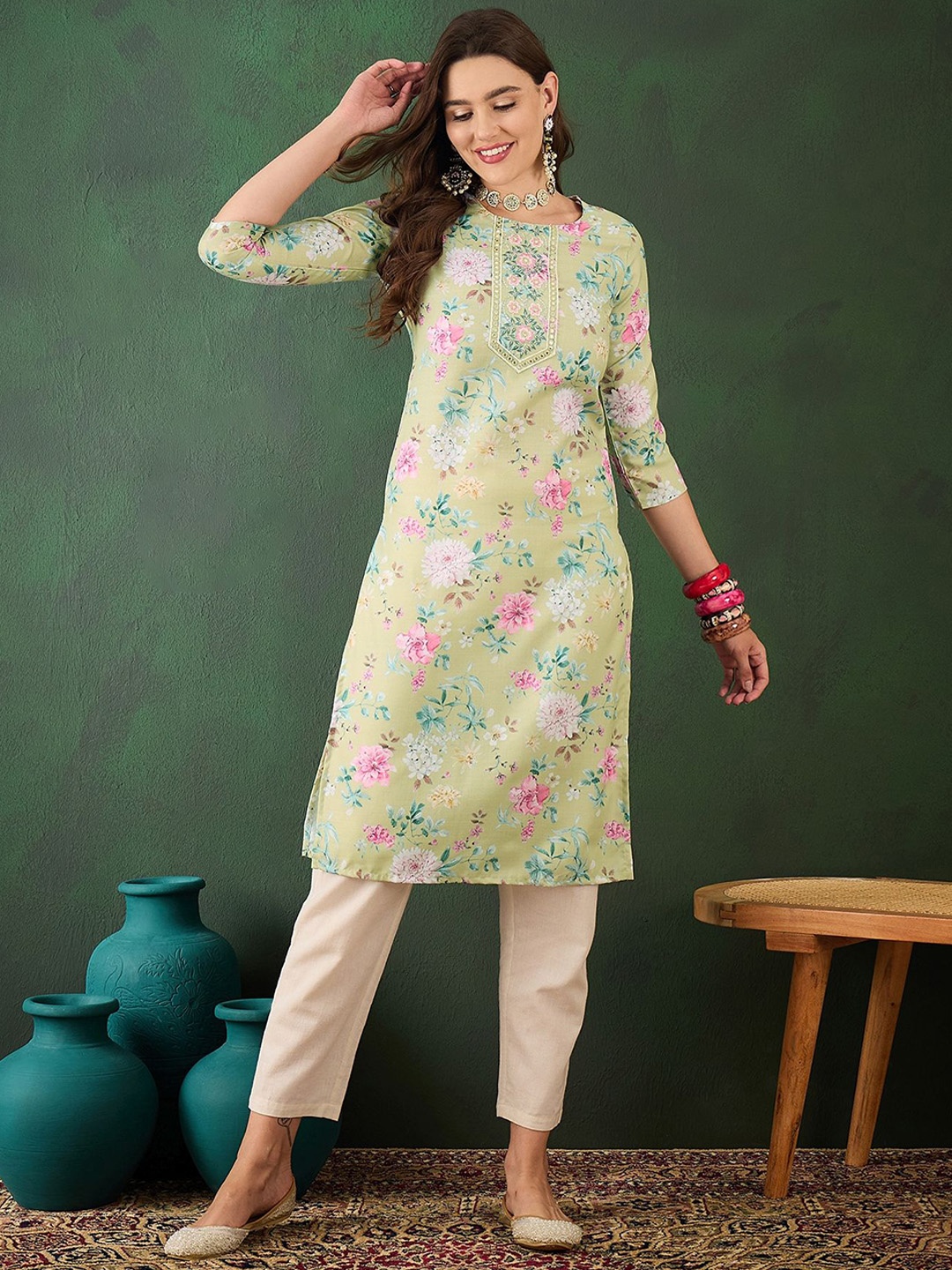 

Sangria Floral Printed Mirror Work Cotton Straight Kurta, Green