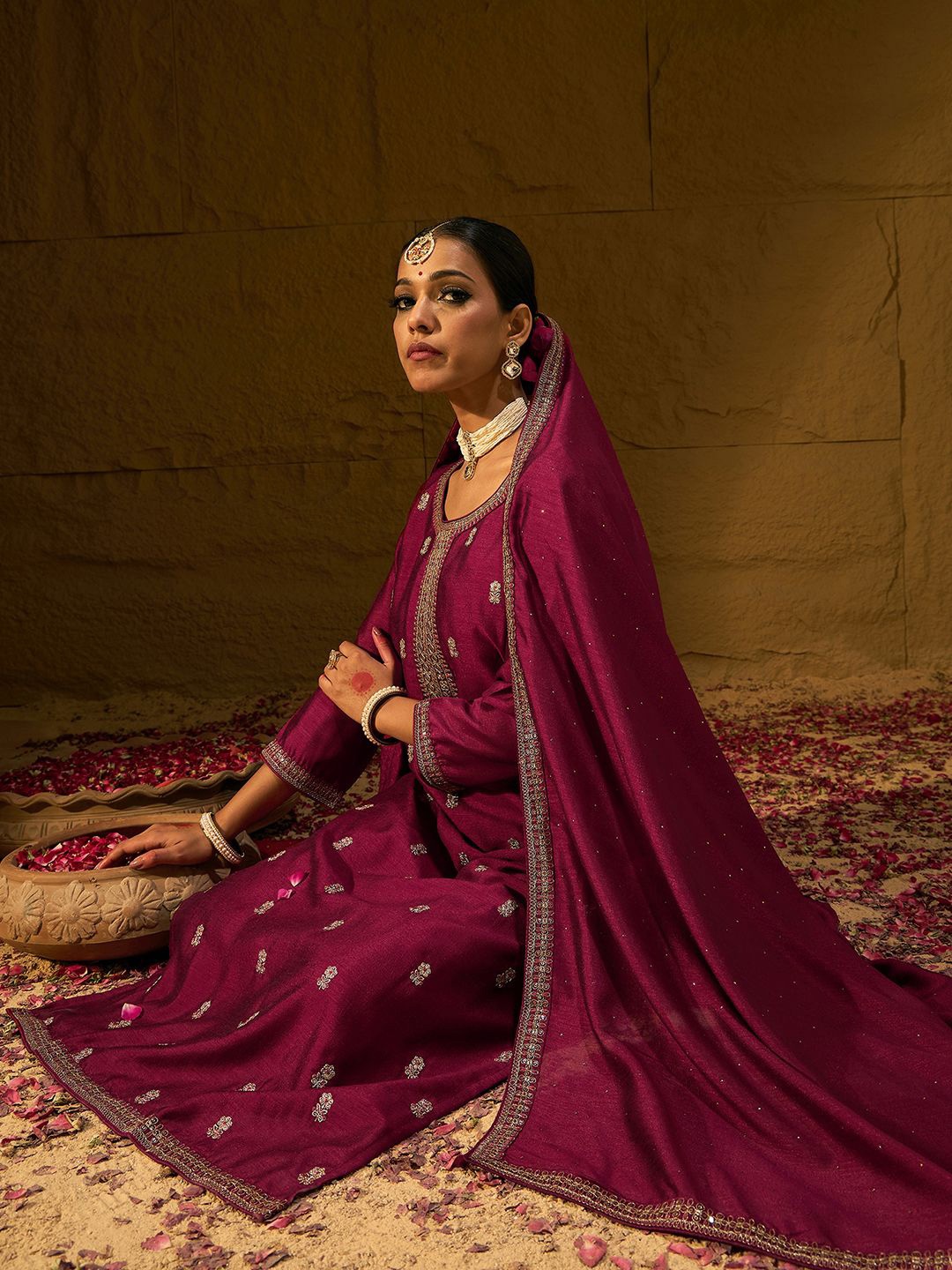

Indo Era MaroonEthnic Motifs Embroidered Sequinned Straight Kurta with Trousers & Dupatta, Maroon