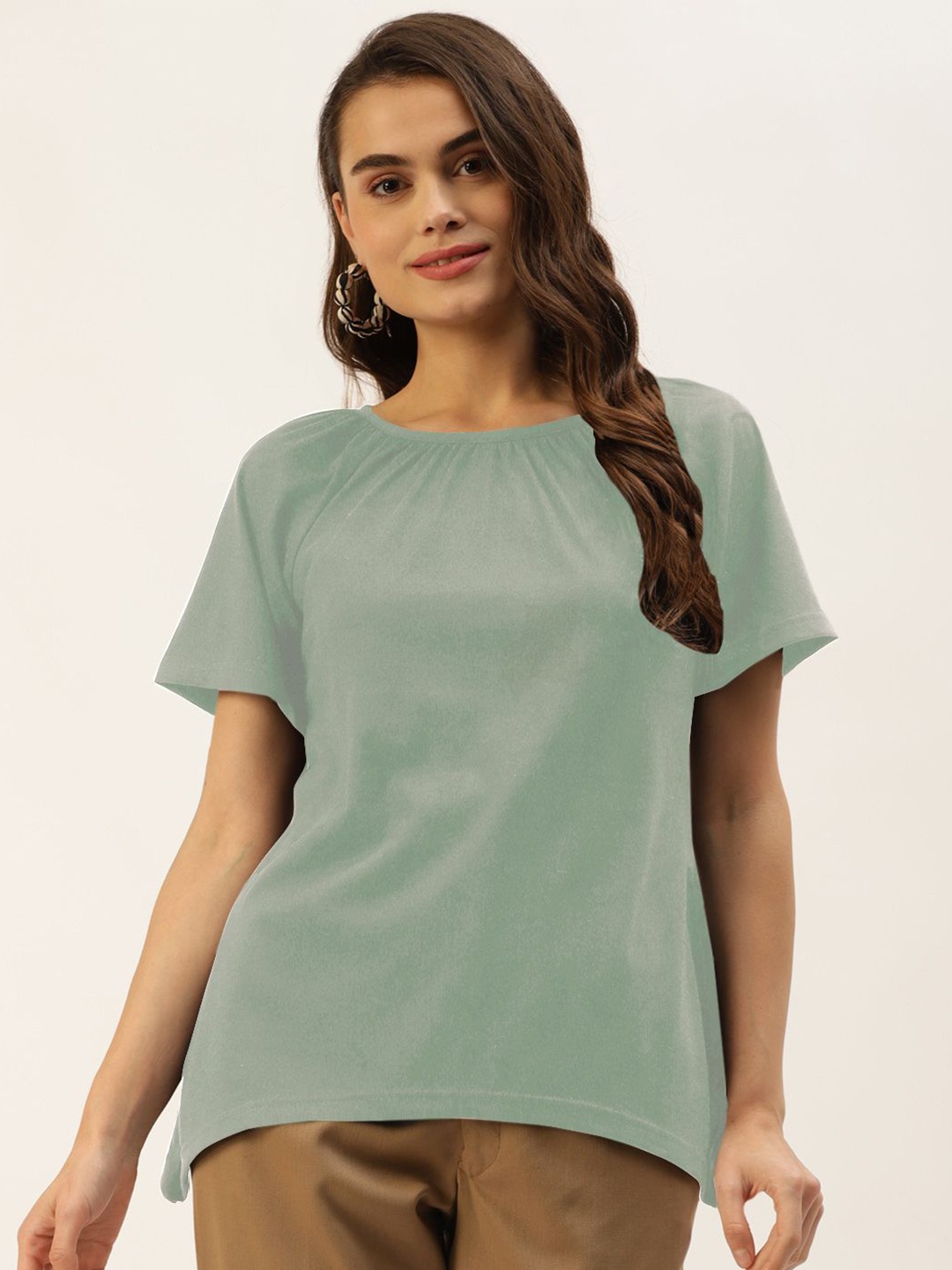 

BRINNS Women Solid Round Neck Cotton Top, Green