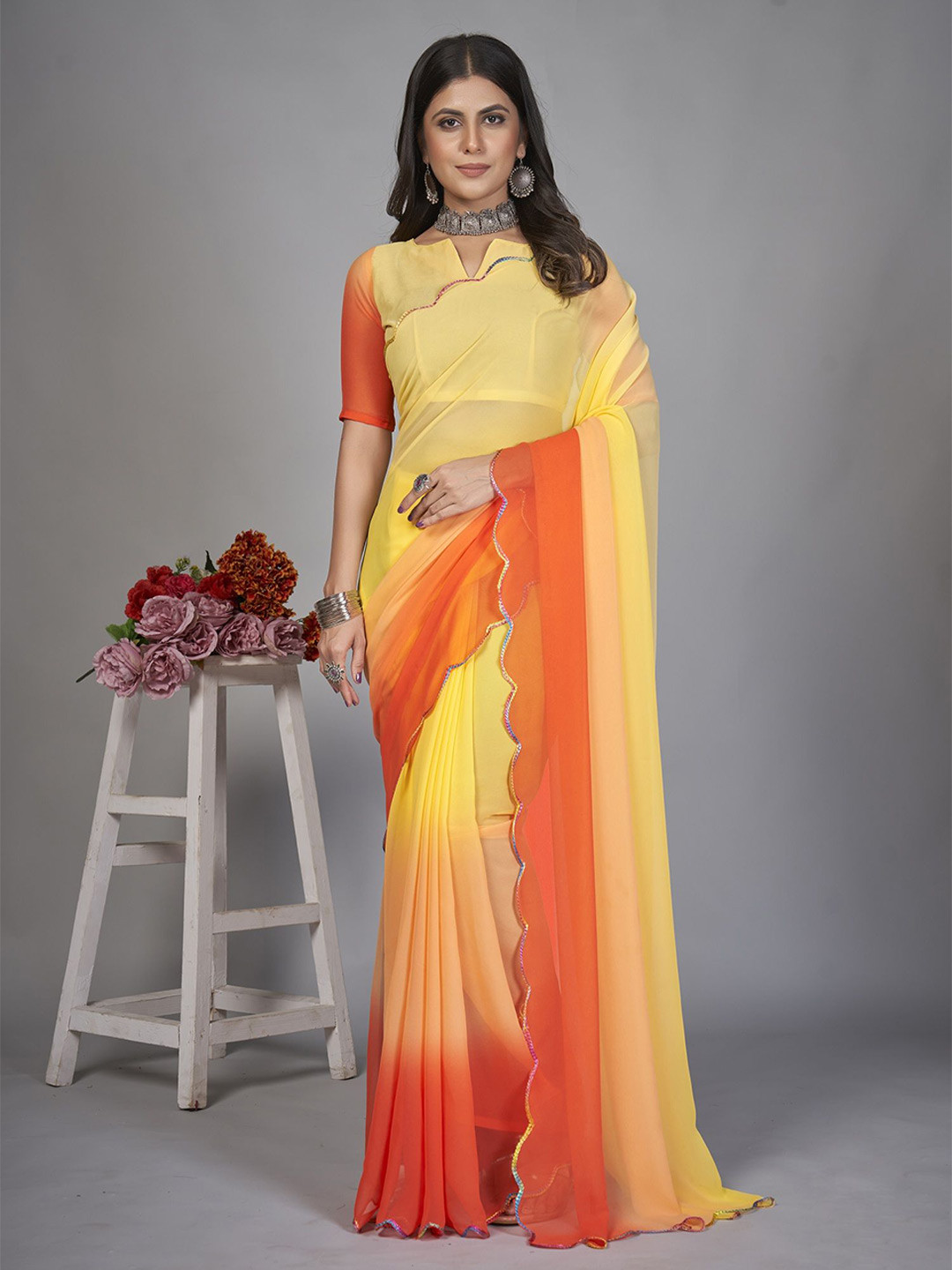 

LADY SHOPI Ombre Embroidered Pure Georgette Half and Half Saree, Orange