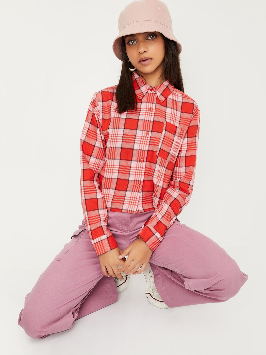 

max Girls Spread Collar Tartan Checked Cotton Casual Shirt, Orange