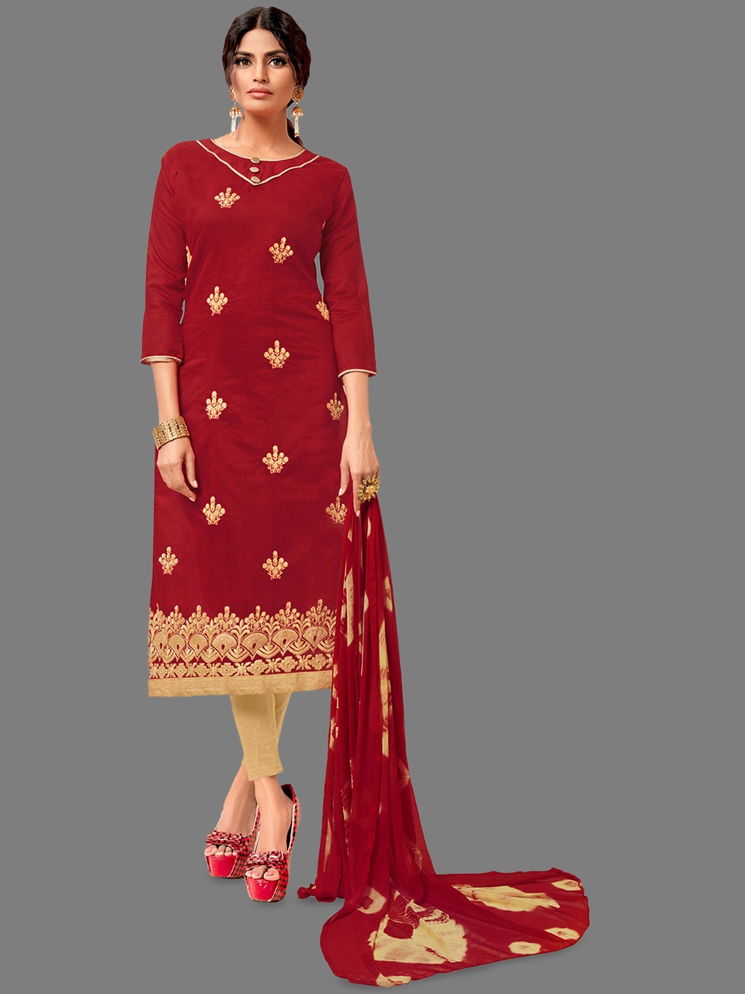 

LADY SHOPI Embroidered Pure Cotton Unstitched Dress Material, Maroon