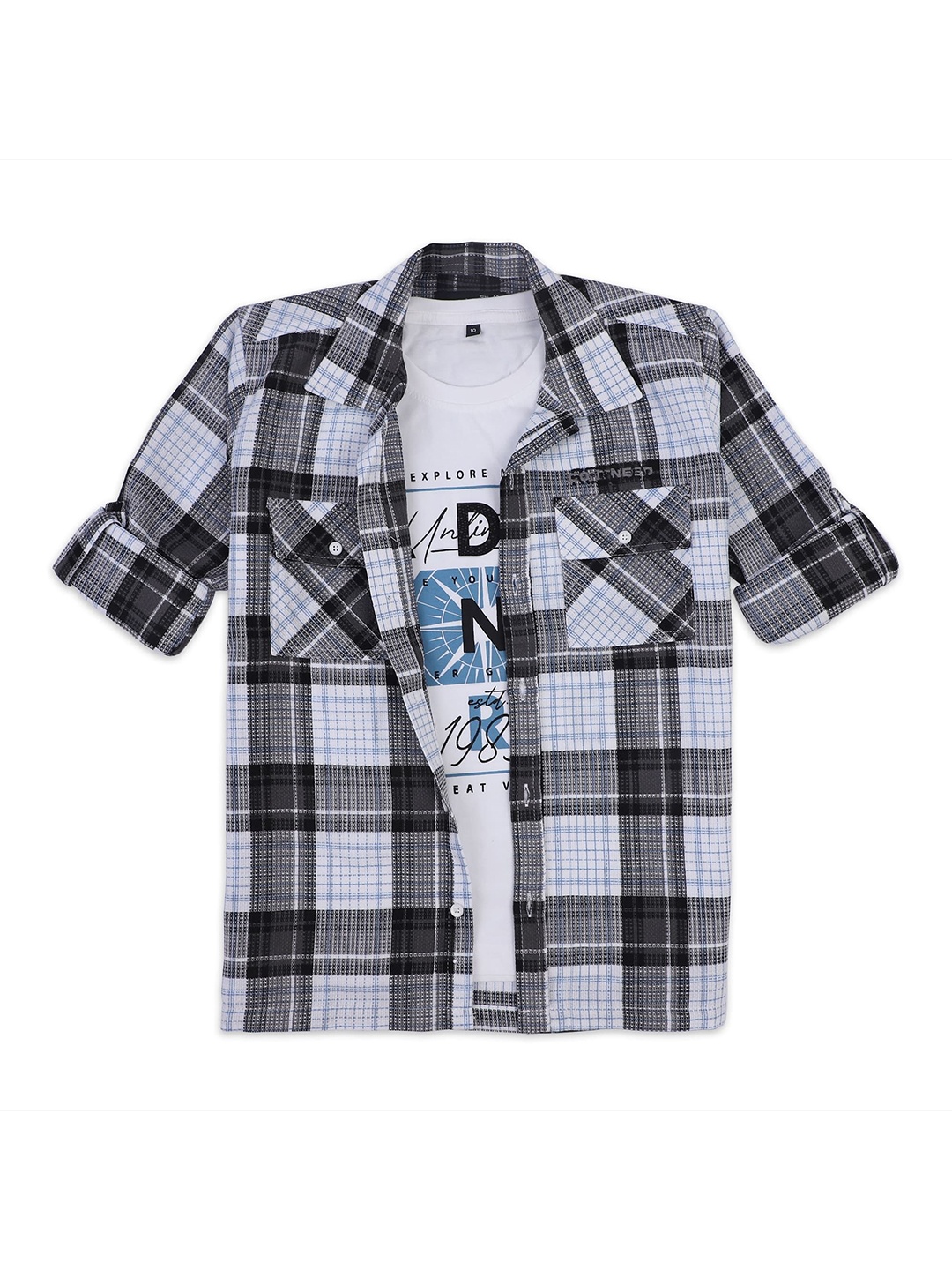 

CAVIO Boys Collar Tartan Checked Cotton Casual Shirt & T-Shirt, Grey