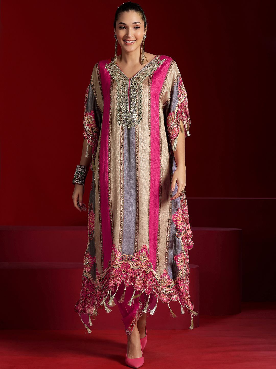 

Libas Art Embroidered Mirror Work Kurta with Dhoti Pants, Beige