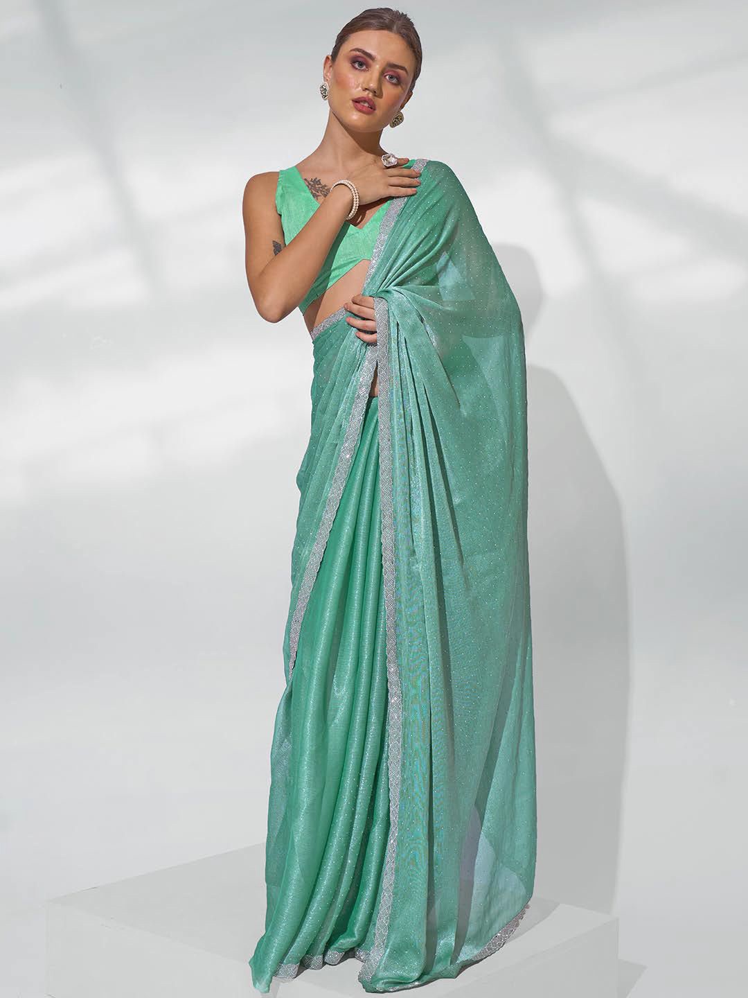 

Mitera Embellished Beads and Stones Pure Chiffon Saree, Sea green