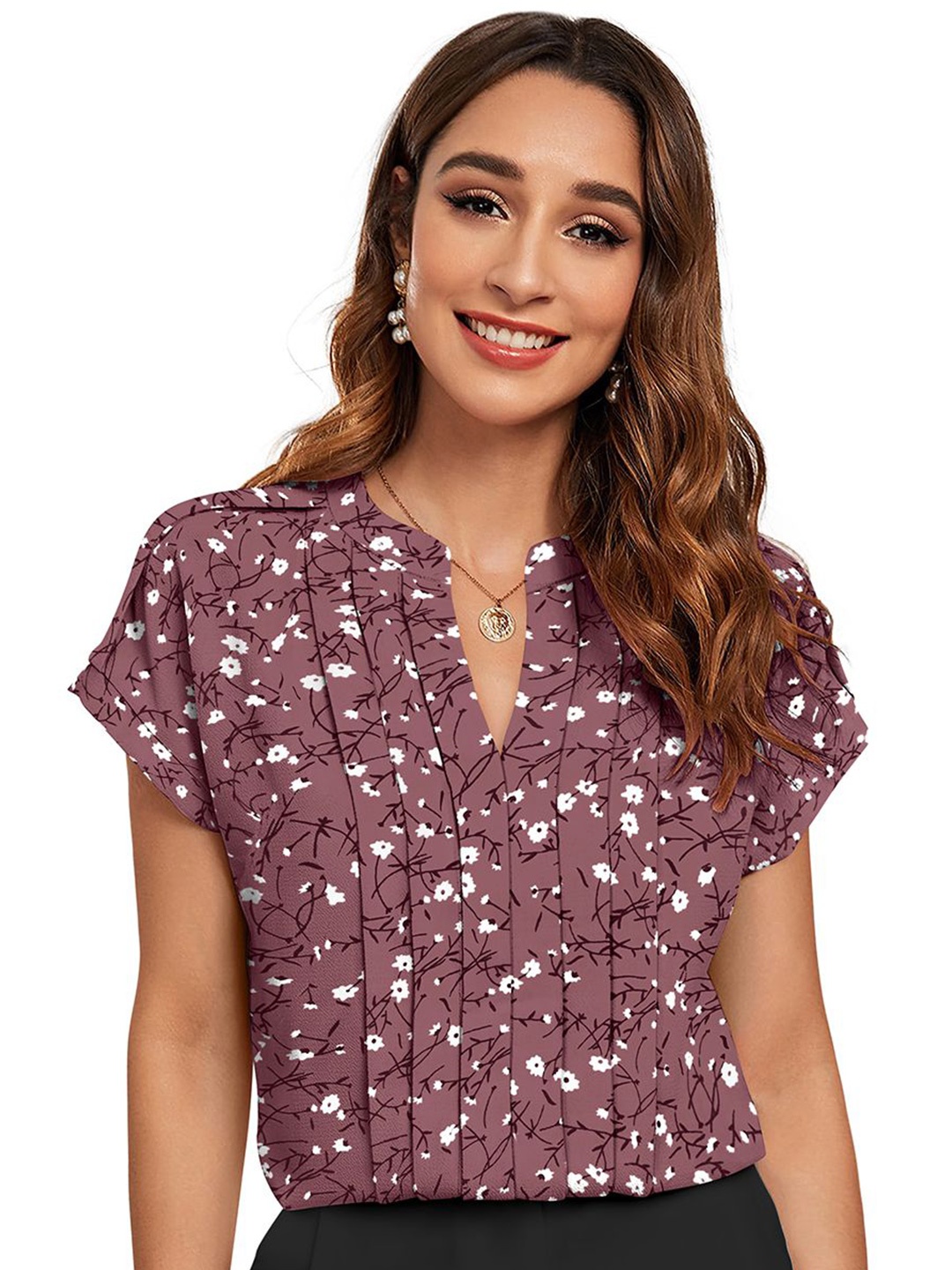 

SANJANA SILK Women Floral Printed Mandarin Collar Cotton Top, Mauve