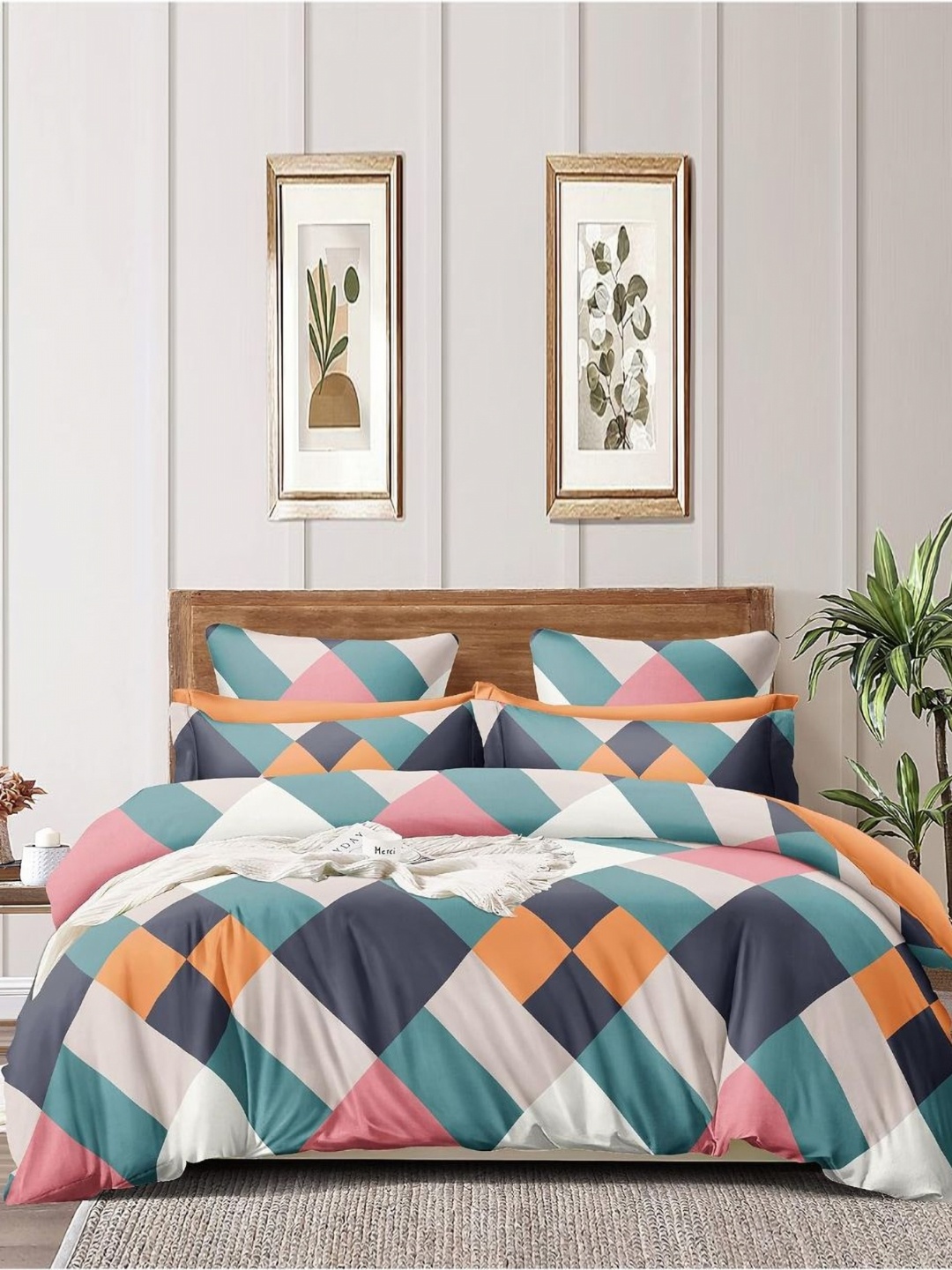 

INDHOME LIFE Orange & Blue Geometric 210 TC King Bedsheet with 2 Pillow Covers
