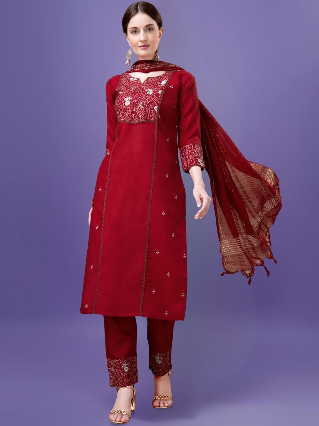 

KAZIA Floral Embroidered Notch Neck Straight Kurta with Trousers & Dupatta, Maroon