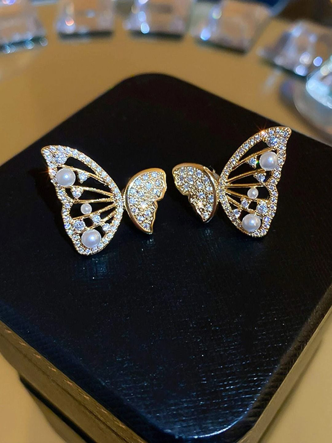 

KRENOZ Gold-Plated Stainless Steel Rhinestone Stone-Studded Butterfly Studs