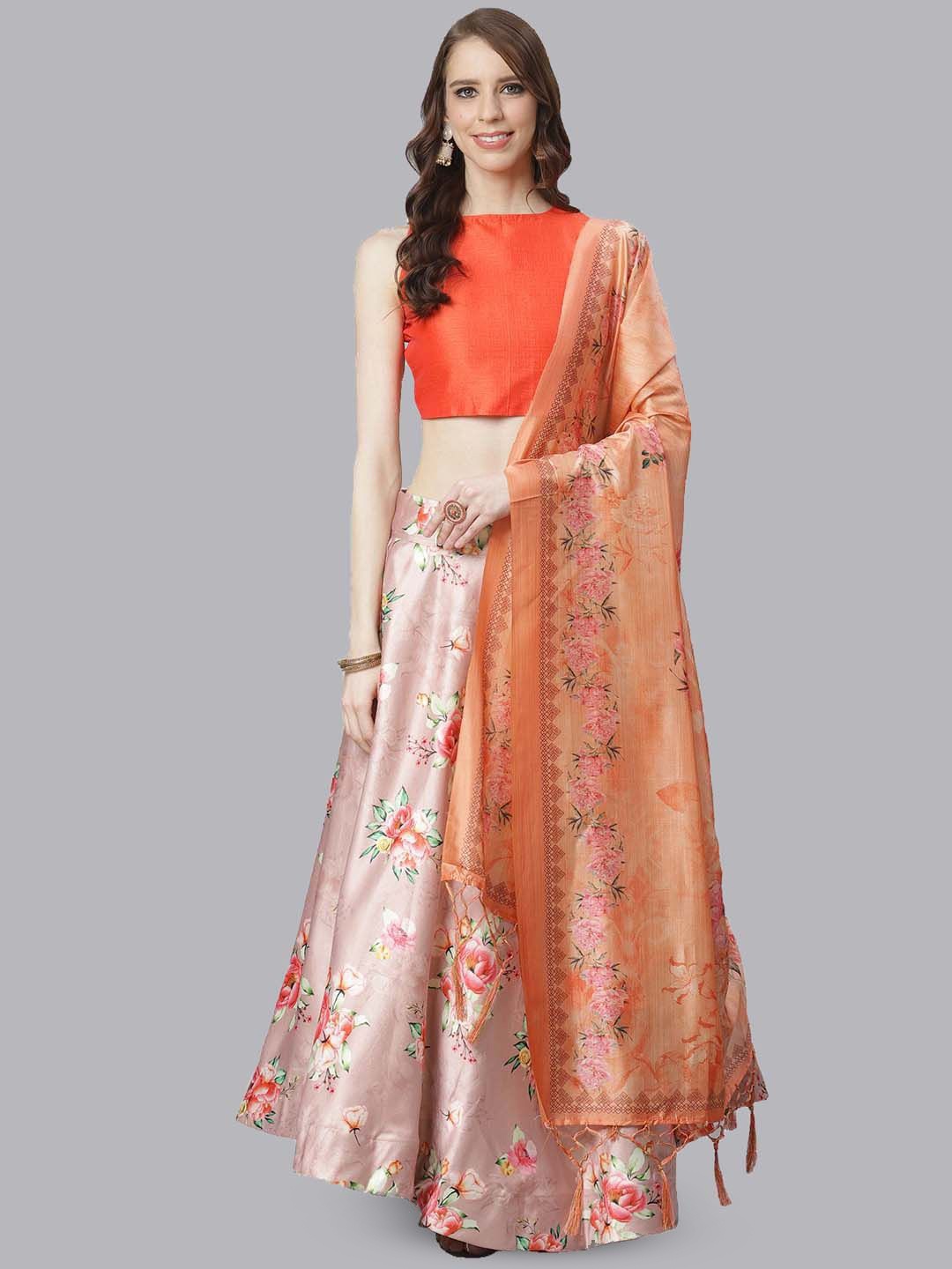 

Kaizen TEXO FAB Floral Printed Semi-Stitched SatinLehenga & Unstitched Blouse With Dupatta, Bronze