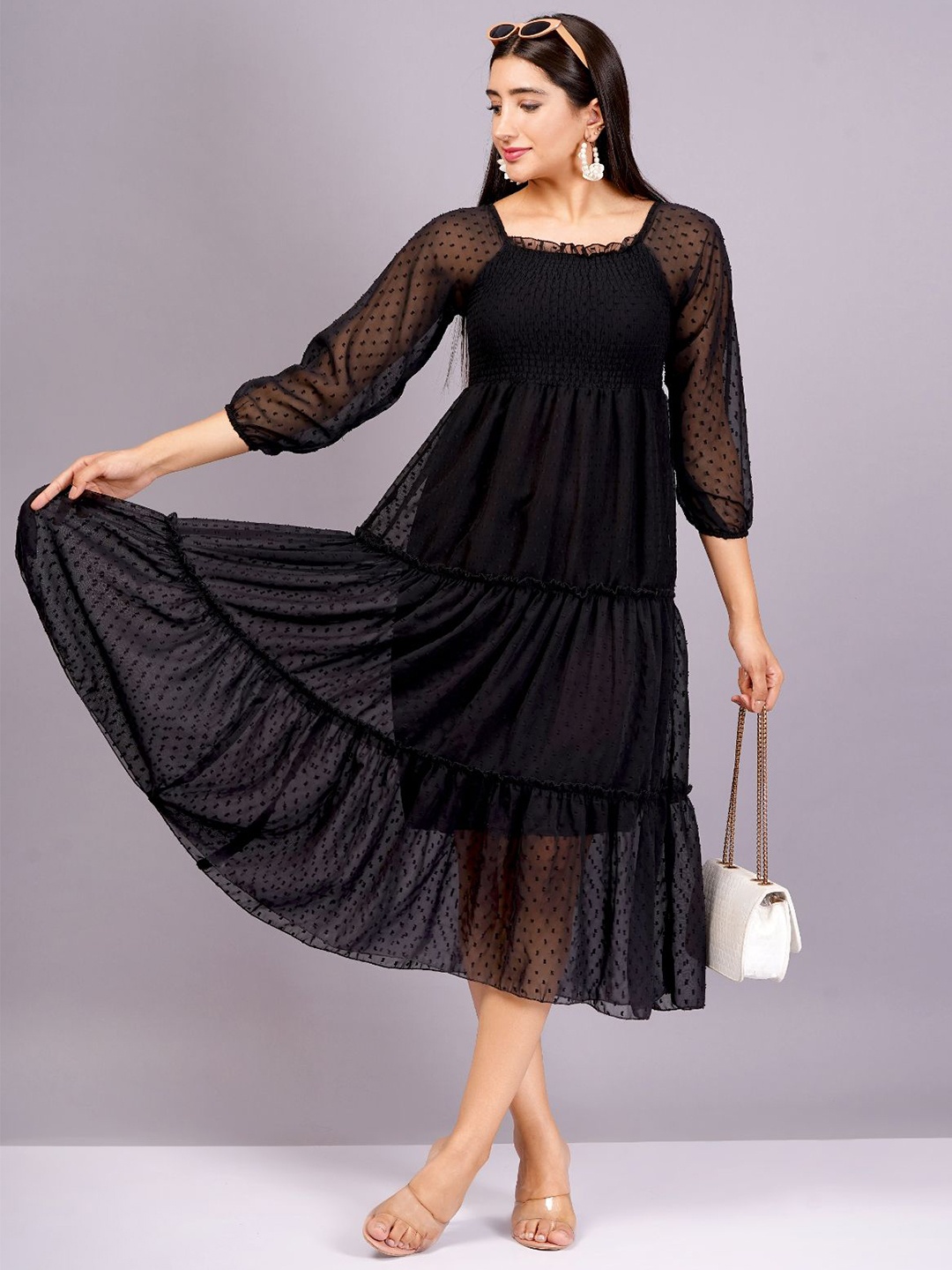 

JC4U Puff Sleeve Empire Midi Dress, Black