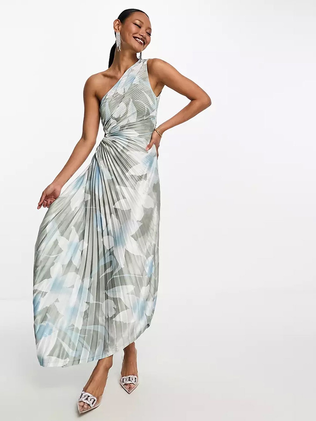 

LULU & SKY Printed One Shoulder Cut-Outs Maxi Dress, Grey