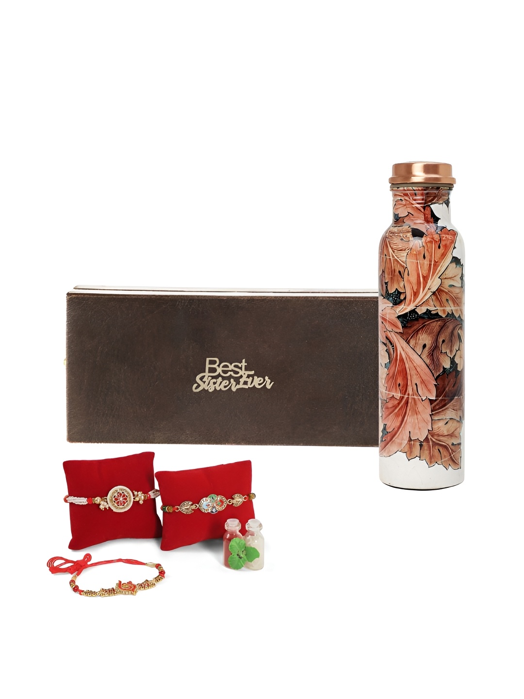 

INTERNATIONAL GIFT Set Of 3 Rakhis With Copper Water Bottle & Roli Chawal, Brown