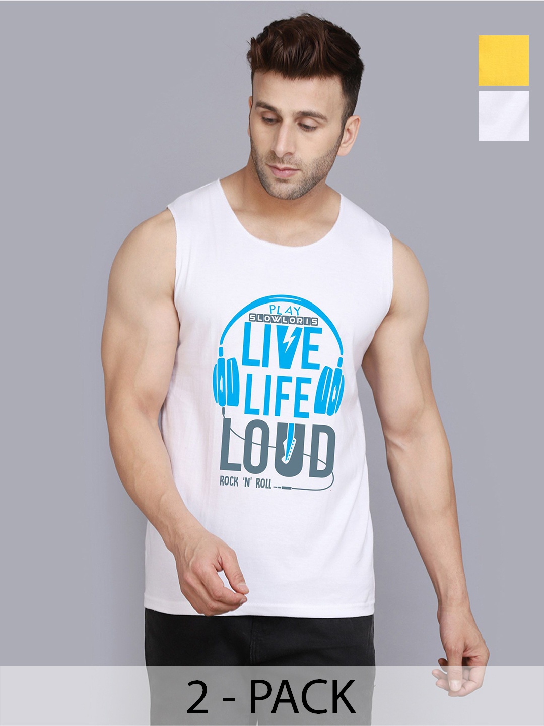 

SLOWLORIS Men Pack Of 2 Typography Printed Round Neck Cotton Slim Fit T-Shirts, White