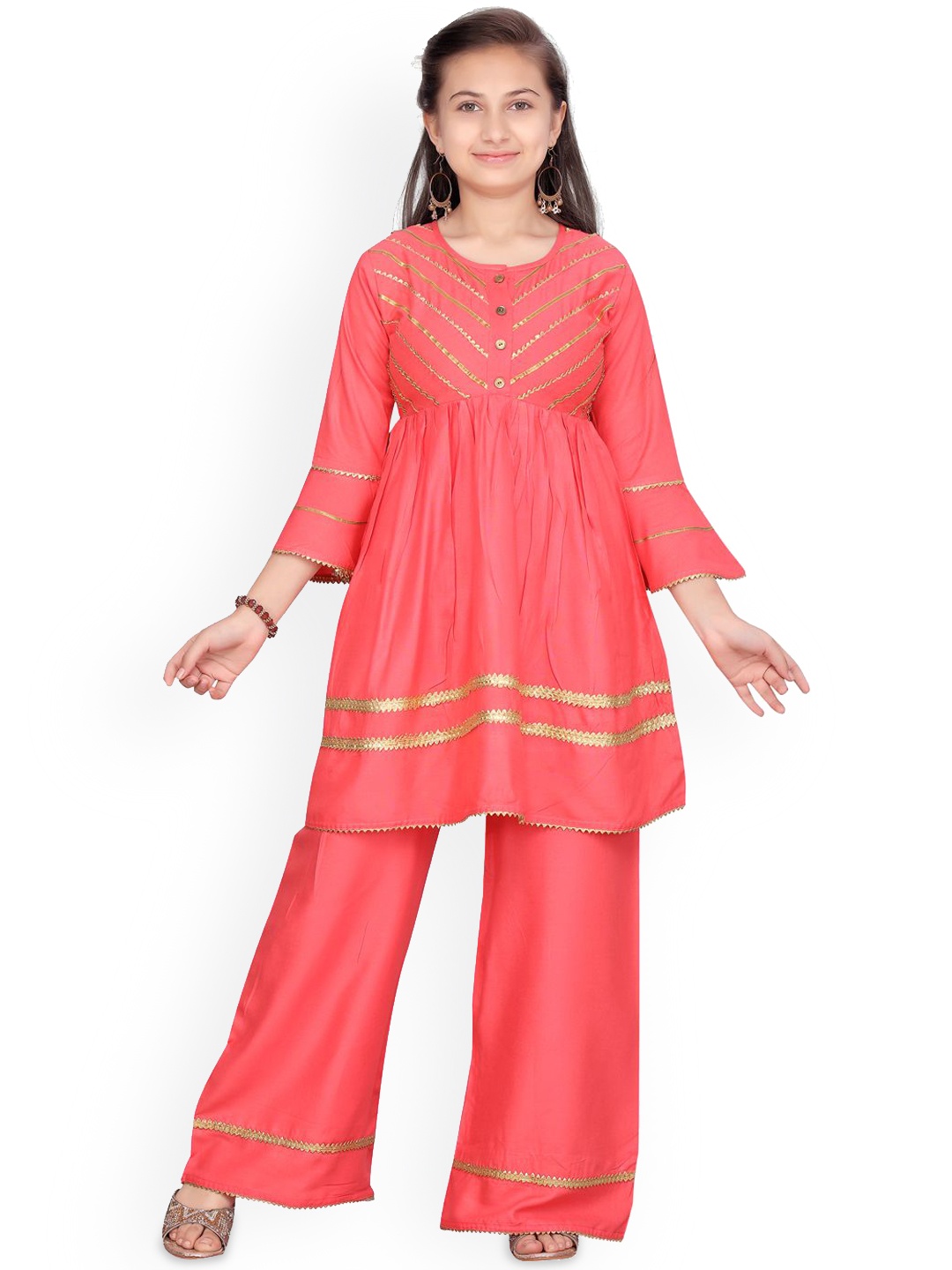 

BAESD Girls Flared Sleeves Gotta Patti Pure Cotton A-Line Kurti With Palazzo, Pink