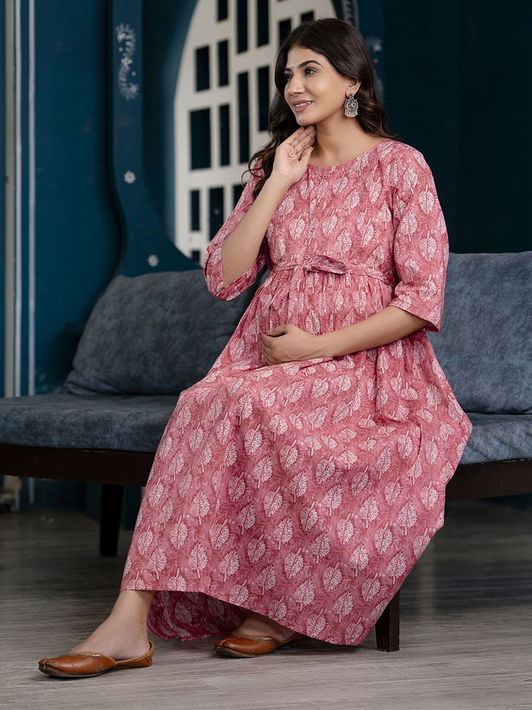 

Nayo Printed Cotton Maternity A-Line Midi Dress, Pink