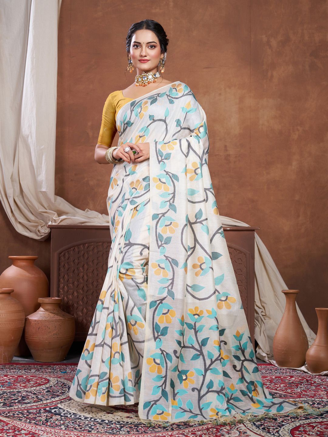 

GAJARAI Floral Pure Cotton Jamdani Saree, Turquoise blue
